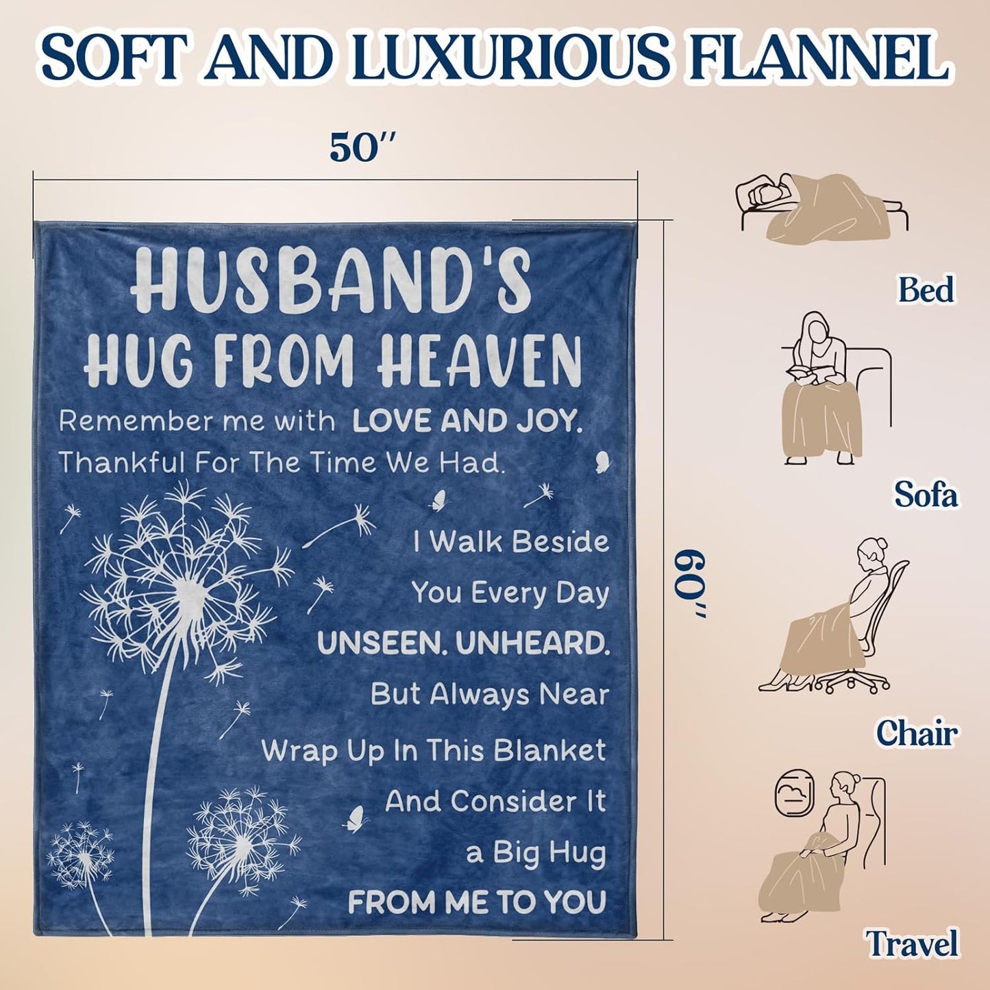 Memorial Gifts for Loss of Husband- Hug from Heaven Blanket 60'' x 50'', Sympathy Gifts for Loss of Husband, Grief Gifts for Women, Gift to Express Bereavement, Condolences, Comfort, Remembrance