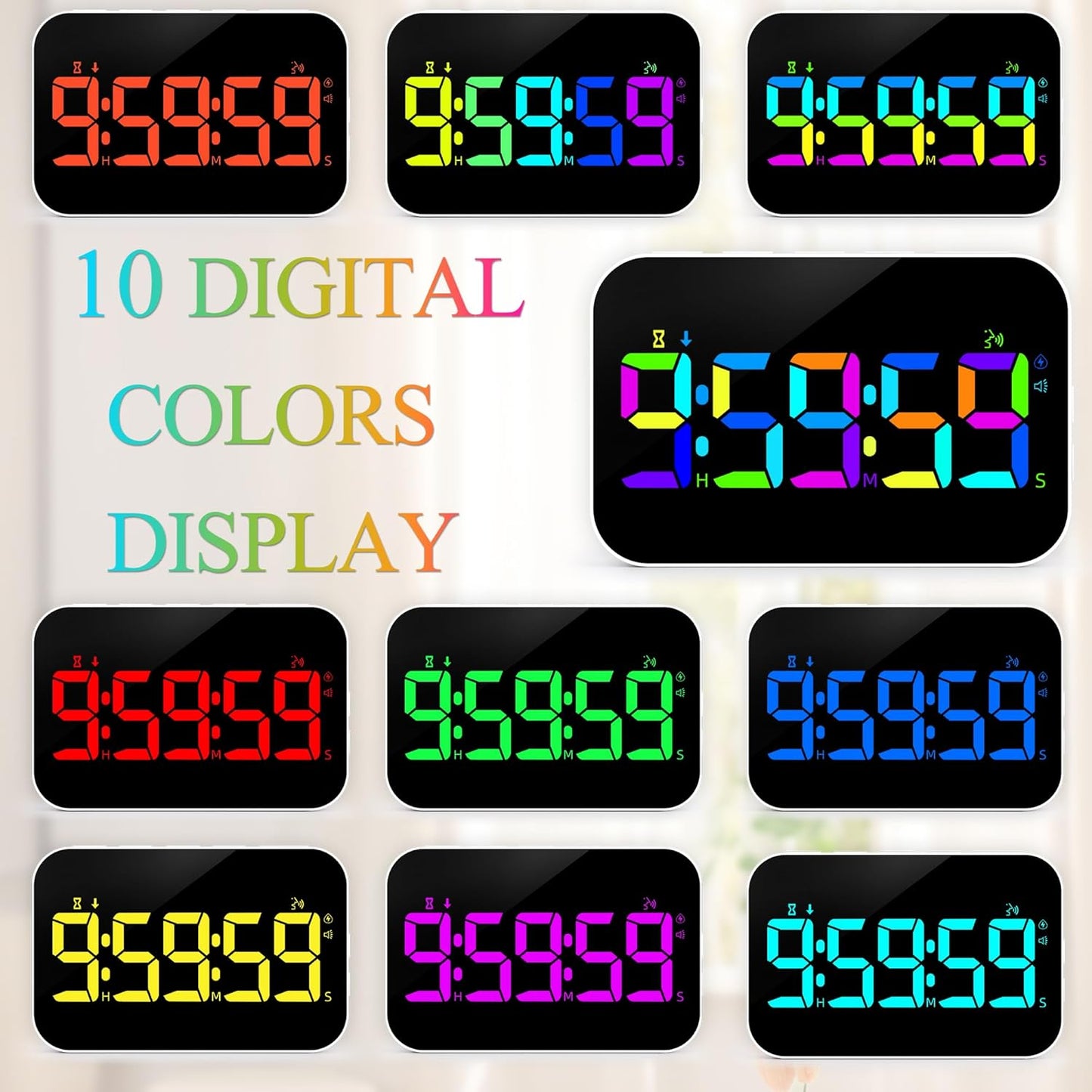 Kitchen LED Digital Timer Rechargeable, RGB Count Down Up Digital Timer with Vioce Reminder for Kitchen Classroom Cooking Study, Vibration Mode 3 Level Adjustable Volume and Brightness