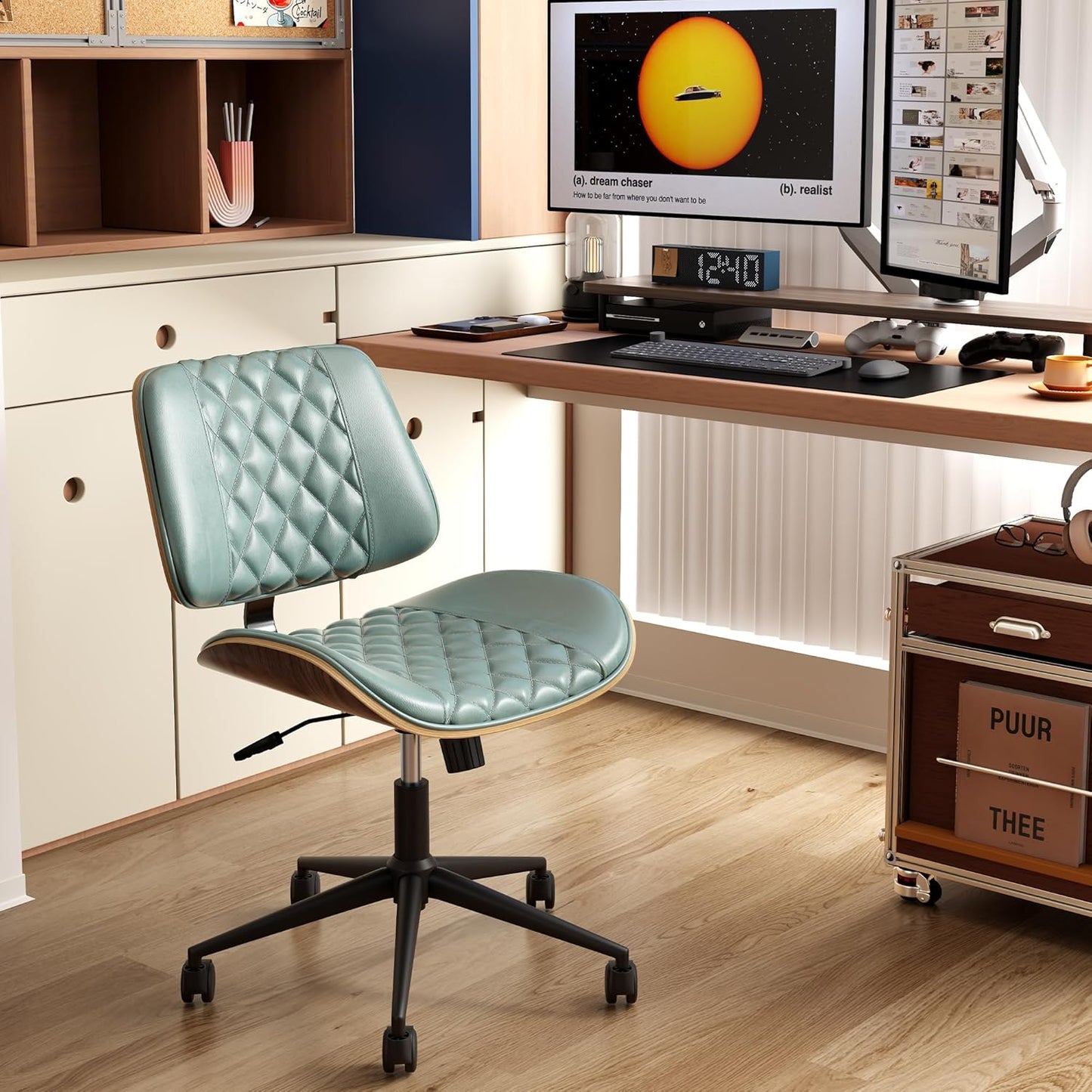 Home Office Chair No Arms with Wheels, Armless Adjustable Height Small Desk Chair, Armless PU Leather Computer Chair Mid Back 360 Swivel, Modern Walnut, Reading Meeting Room (Green)