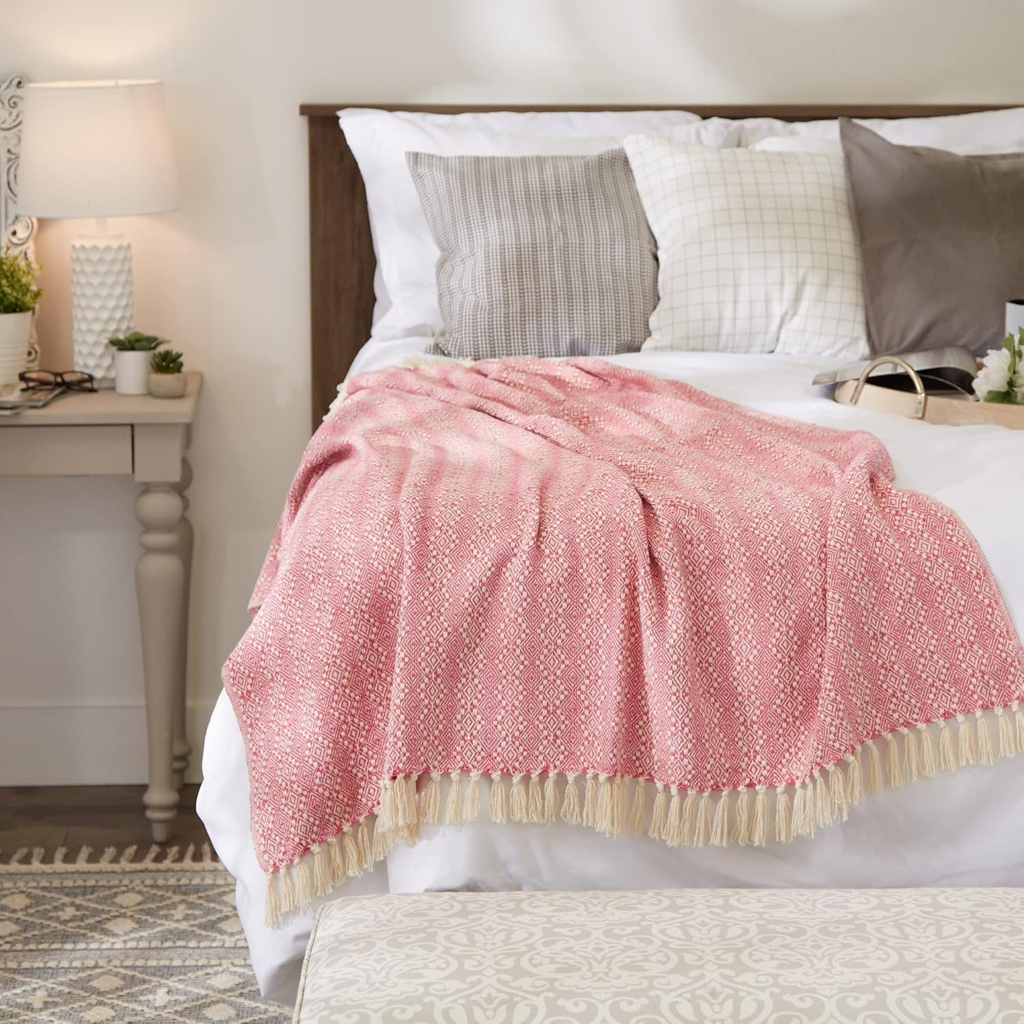 DII Diamond Stitch Woven Throw, Organic Modern, 50 x 60, Rose