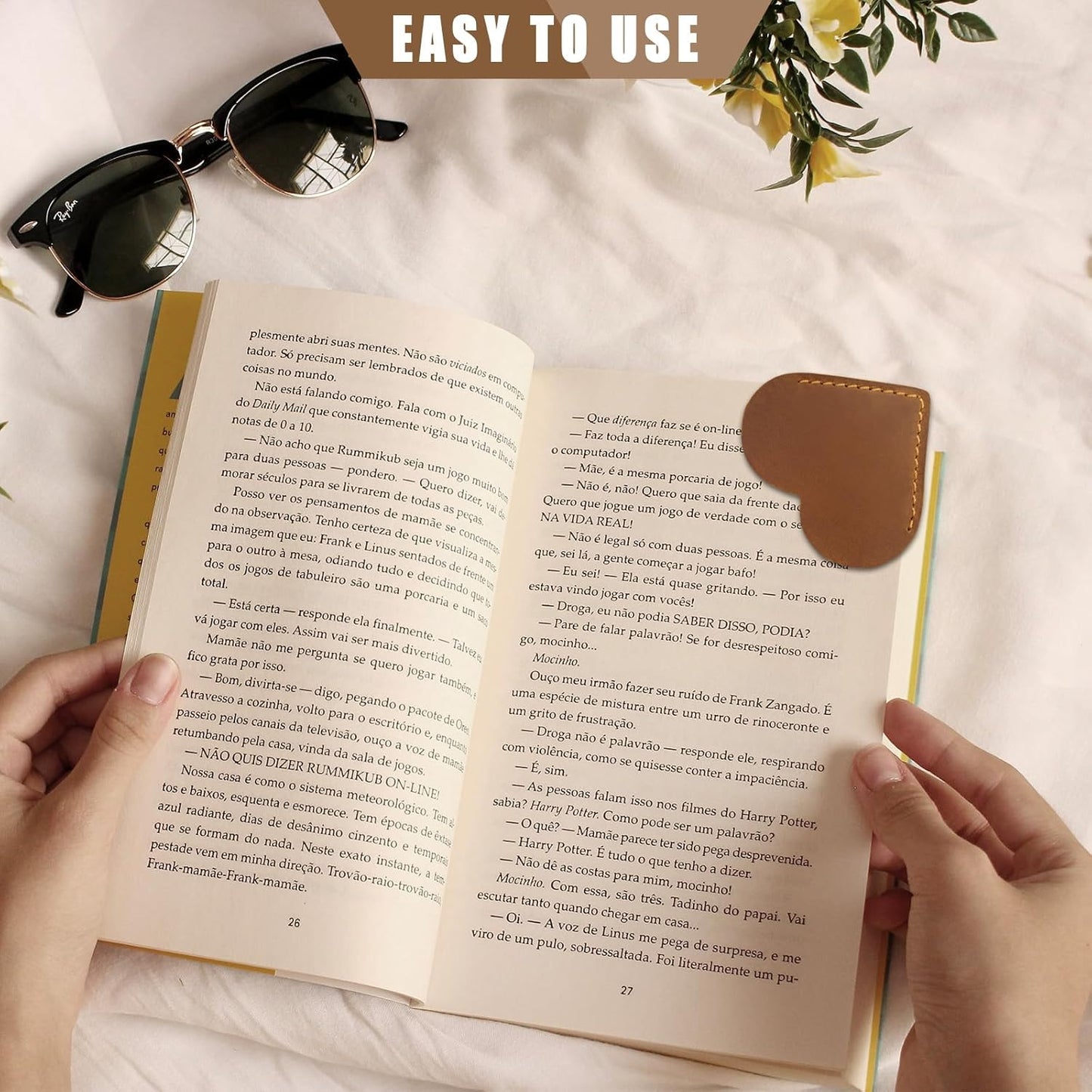 Ringsun Genuine Leather Heart Bookmark, Handmade Stitched Corner Page Bookmarks for Women Men, Colorful Book Accessories Gifts for Book Lovers Students Writers Readers Teens Adults, Brown