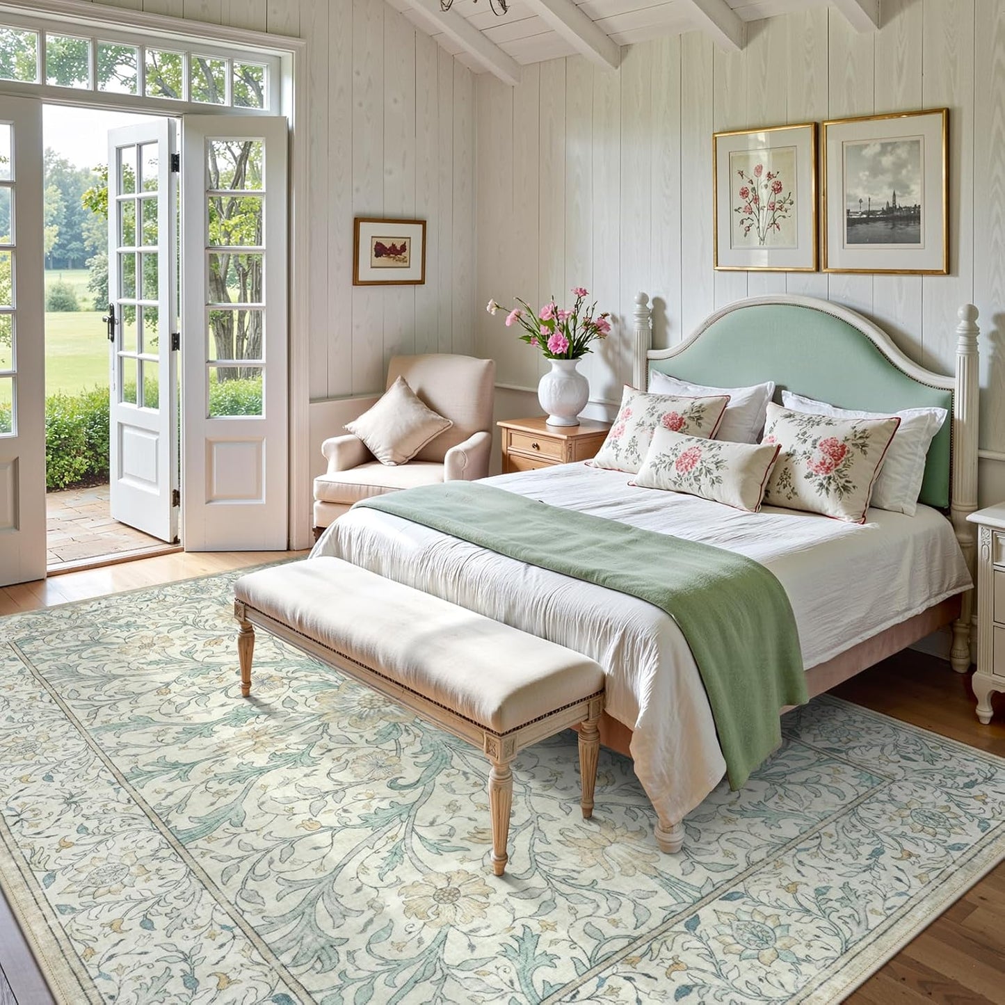 Collive 8x10 Area Rugs for Living Room, Washable Floral Bedroom Rug, Vintage Neutral Non Slip Low Pile Throw Large Carpet, Soft Retro Distressed Rugs for Dining Room Office, Ivory/Light Turquoise