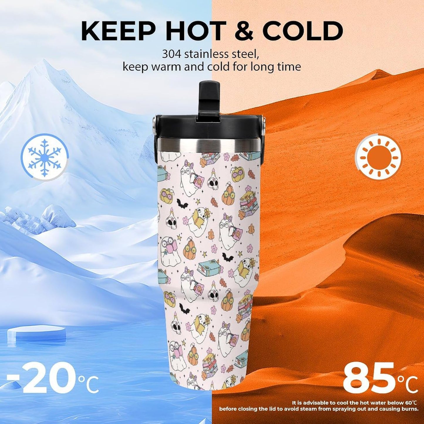 Halloween Tumbler with Handle Flip Straw Pink 30oz Insulated Stainless Steel Cup Ghost Reading Book Travel Coffee Mug Water Bottle for Women