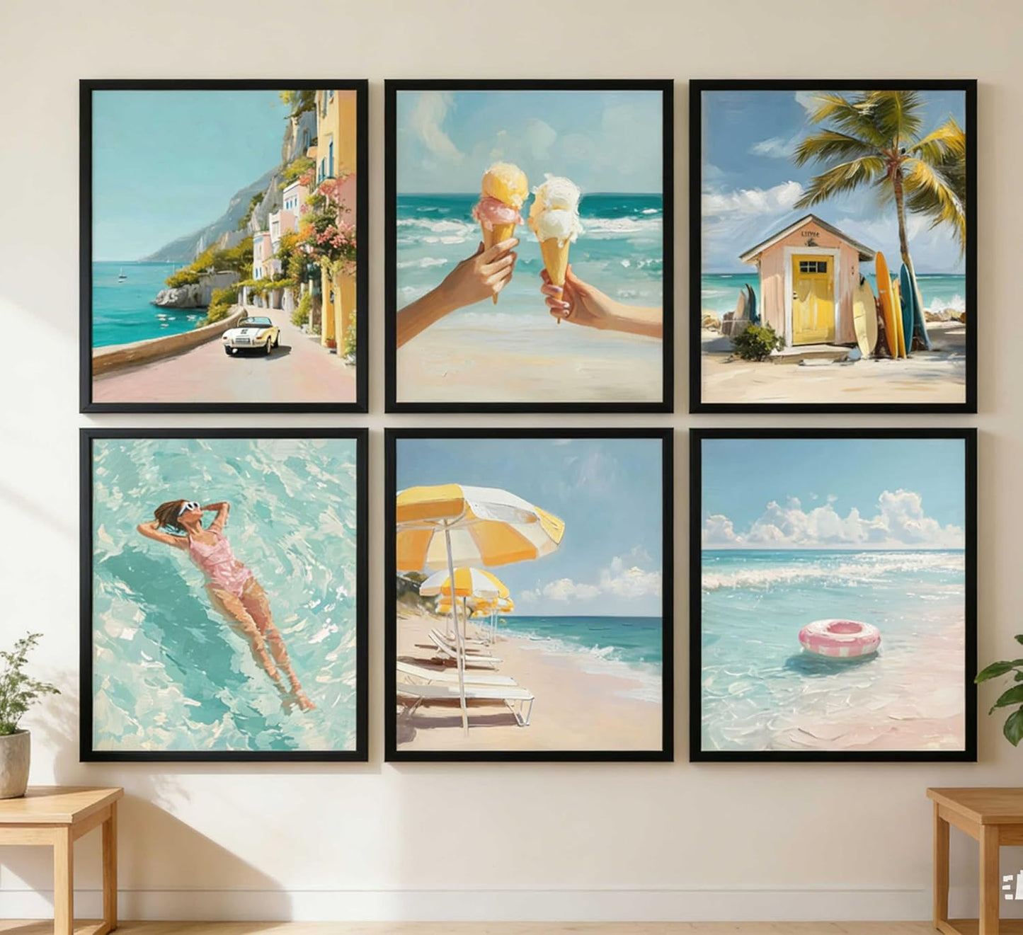 6 Pcs Beach Wall Art - Coastal Granddaughter Aesthetic Poster, Tropical Vacation Vibe painting, Italian Summer Prints Wall Decor for Living Room Bedroom Bathroom Unframed 10x8 Gifts for Friends