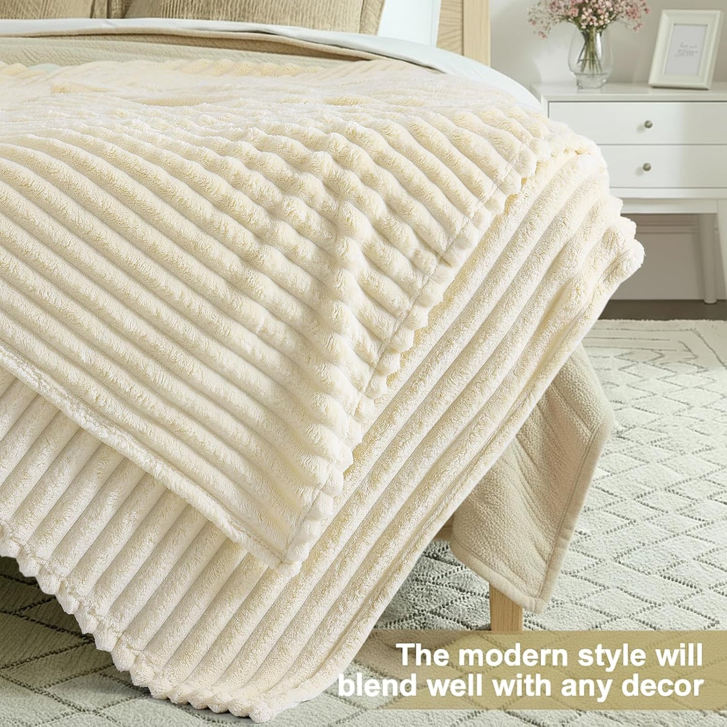 decorUhome Soft Fleece Beige Twin Blanket for Bed, Cozy Fluffy Plush Flannel Striped Throws for Couch Sofa, Lightweight Decorative Ribbed Fuzzy Blanket for Woman, 60x80 Inches