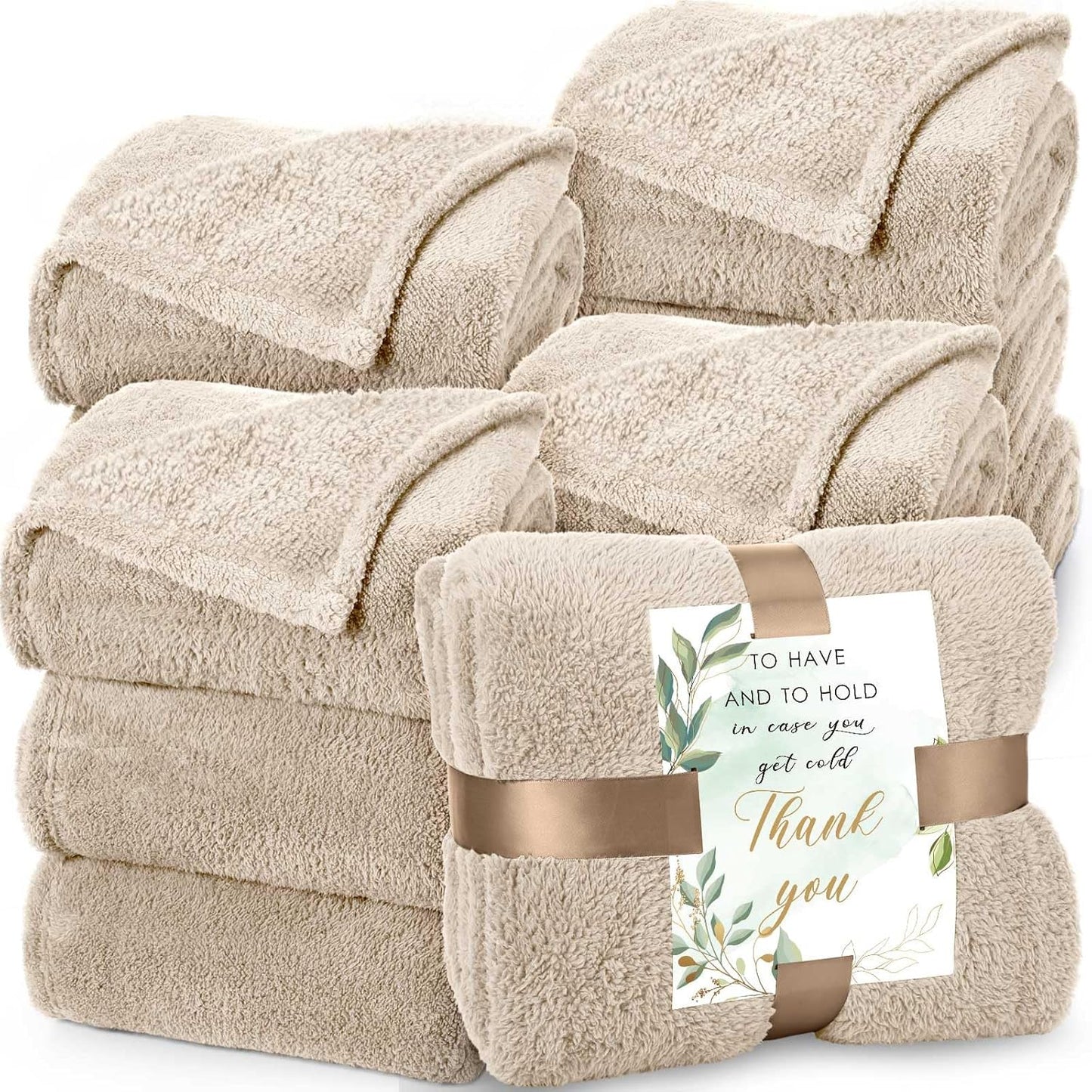 Tinideya 12Pcs 50 x 60'' Sherpa Fleece Throw Blanket Bulk with Thank You Cards and Ribbon Soft Sherpa Throw Warm Fleece Blankets for Wedding Gifts Bed Couch Sofa Season(Khaki)