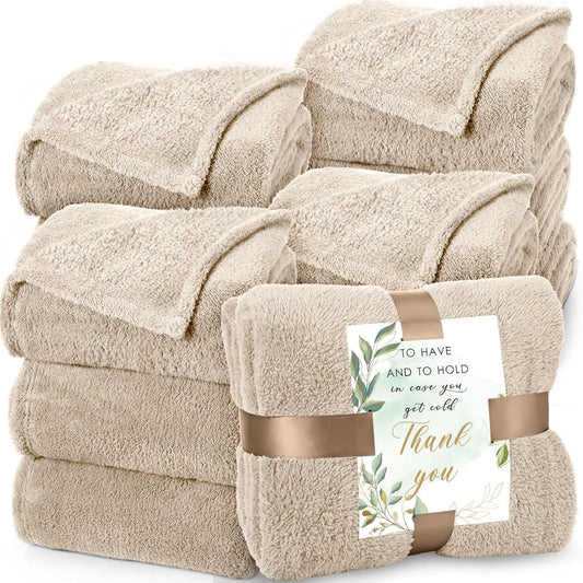 Tinideya 12Pcs 50 x 60'' Sherpa Fleece Throw Blanket Bulk with Thank You Cards and Ribbon Soft Sherpa Throw Warm Fleece Blankets for Wedding Gifts Bed Couch Sofa Season(Khaki)
