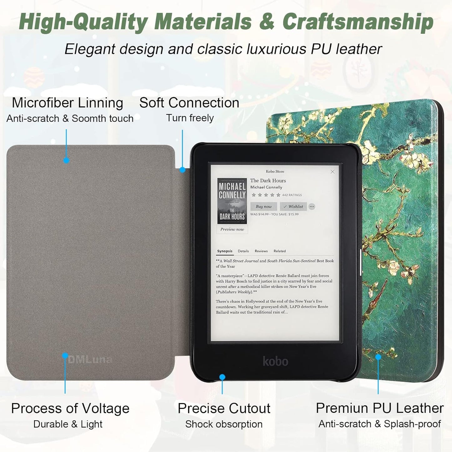 DMLuna Case for Kobo Clara / Clara 2E 6" - Ultra Slim Lightweight Folio Premium PU Leather Protective Cover with Auto Sleep/Wake Function, Almond Blossom