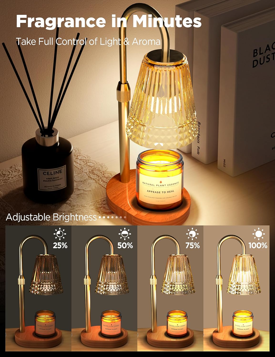 TATAANTY Candle Warmer Lamp with Timer Dimmable, Height-Adjustable Candle Warmer with 2 Bulbs, Melt Wax Warmer Lamp, House Warming Gifts New Home,Gifts for Women, Golden Glass Shade, Wood Base