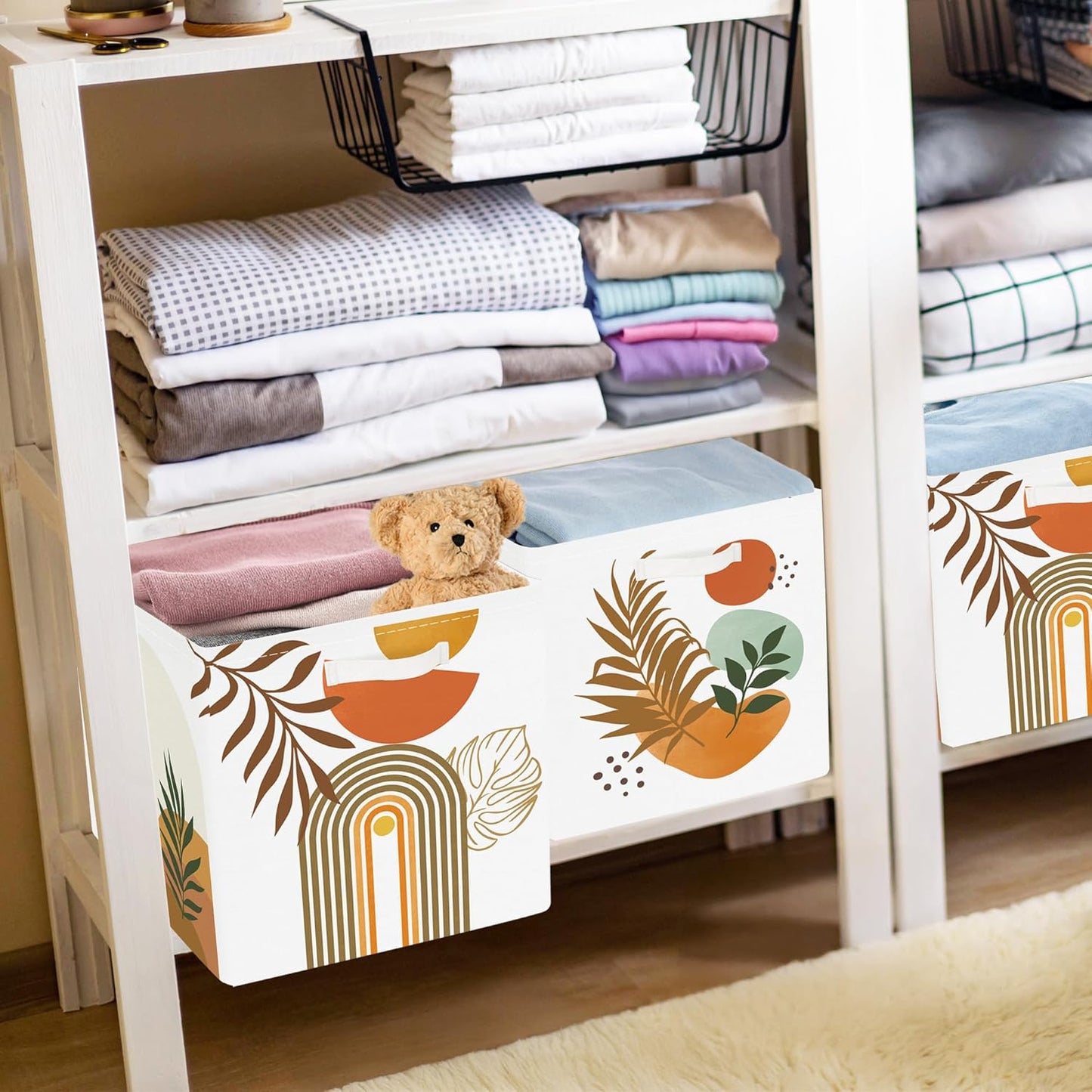 11.8" Boho Leaves Storage Cube Organizer Mid Century Modern Clothes Storage Basket Bin for Closet Shelf Art Abstract Geometry Nursery Kid Room Book Toy Chest, 3Pcs