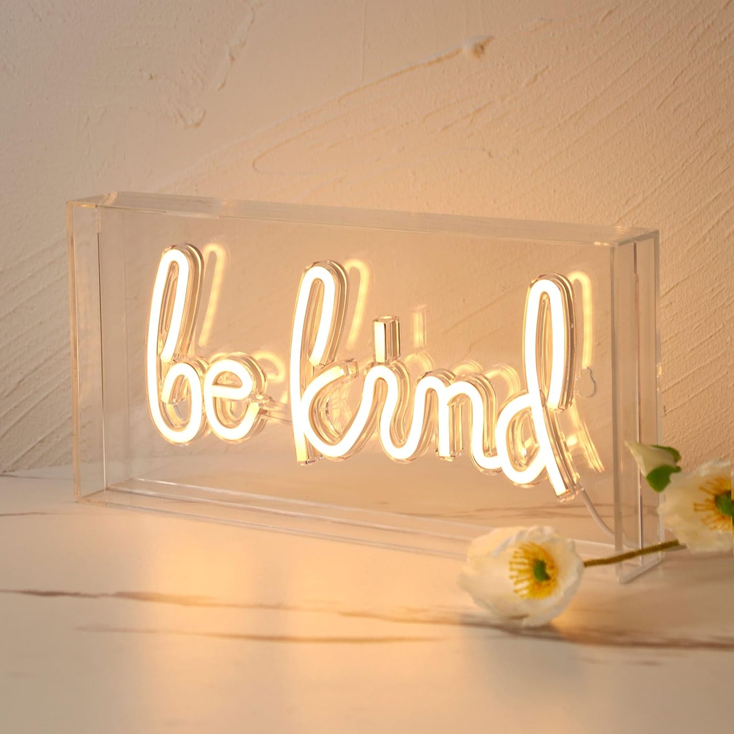 Be Kind LED Neon Sign Warm White Acrylic Box Tabletop and Wall Mounted Light USB Powered Decorative Neon Art for Bedroom Home Office Studio and Dorm Decor (Power Adapter Not Included)