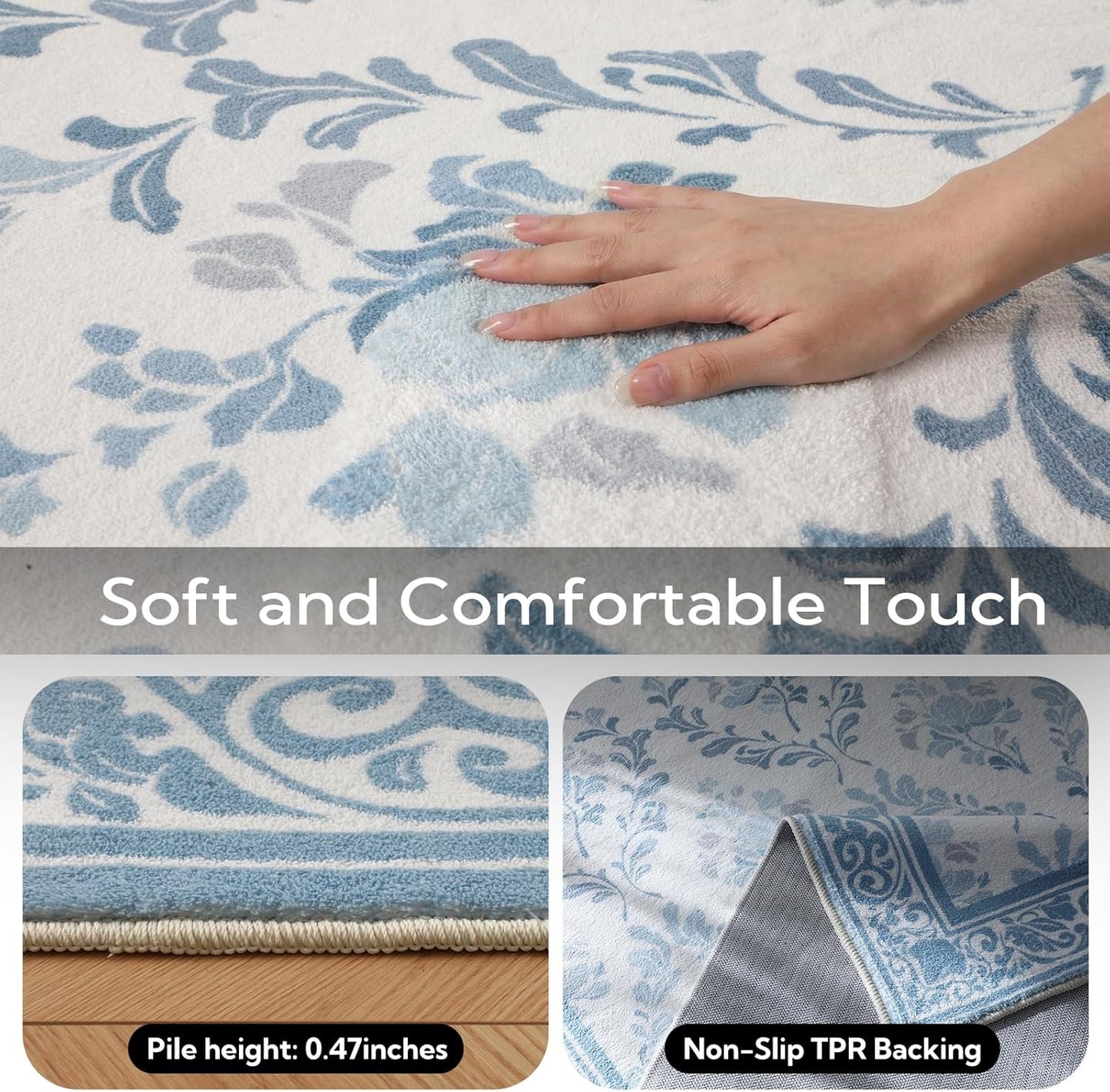 SOULFUL Medium Pile 3x5 Area Rug - Soft Underfoot Small Entryway Rug - Mist Blue Boho Floral - Washable Non-Slip - Perfect for Living Room Bedroom Foot Kids Room Reading Nook
