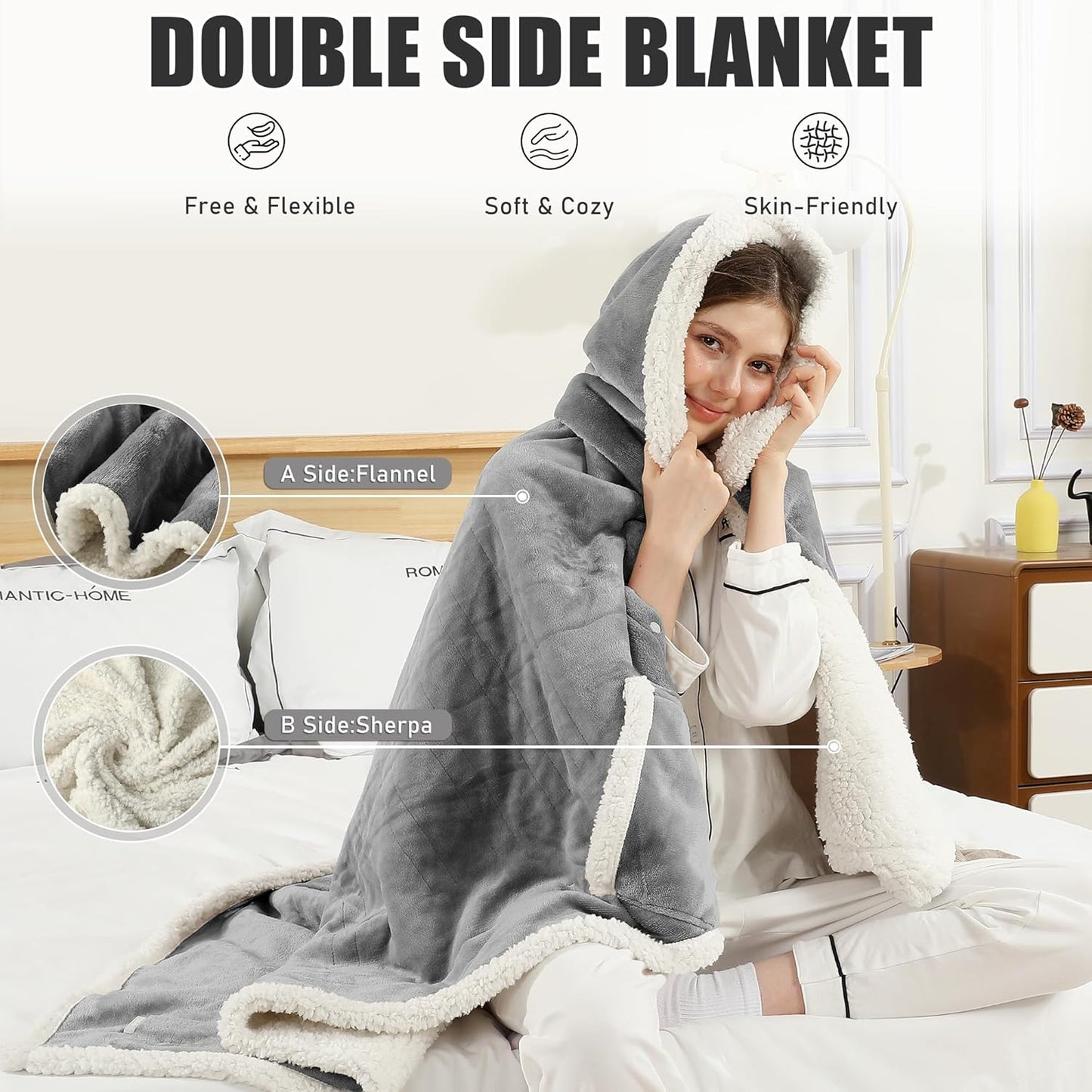Heated Blanket Wearable Shawl - Electric Wrap Poncho Heated Throw Blanket with Hand Pockets, 50 * 64", 6 Heating Levels & 1-4H Timer, Ideal for Family, Light Grey