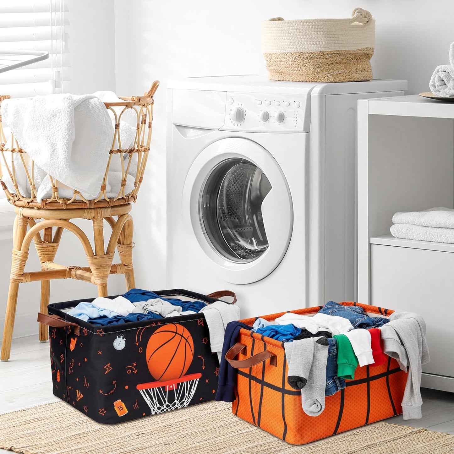Basketball Storage Basket Bin - 4Pcs Balck Orange Large Fabric Organizer Toy Storage Bins with Handle Waterproof Collapsible Basket Closet Shelf Cloth Container for Nursery Boys Bedroom Home
