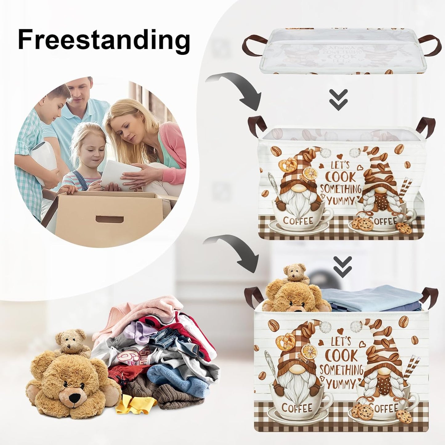 Kitchen Decor Tools Kid Storage Basket Collapsible Clothes Baby Nursery Hamper Large Book Shelf Basket Boy Girl Toy Box Bin, Gnome Coffee, 36L