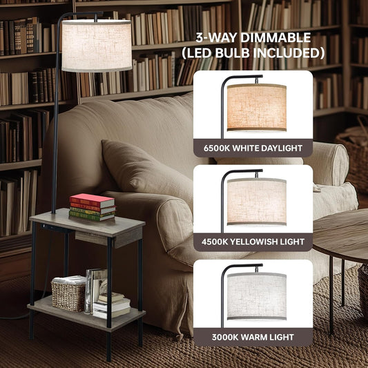 Floor Lamp with Table & Drawers, End Table Lamp with USB Charging Portt Power Outlet and Shelves, Side Table Reading Light with 3 Color Temperature Led Bulb Included for Living Room, Gray