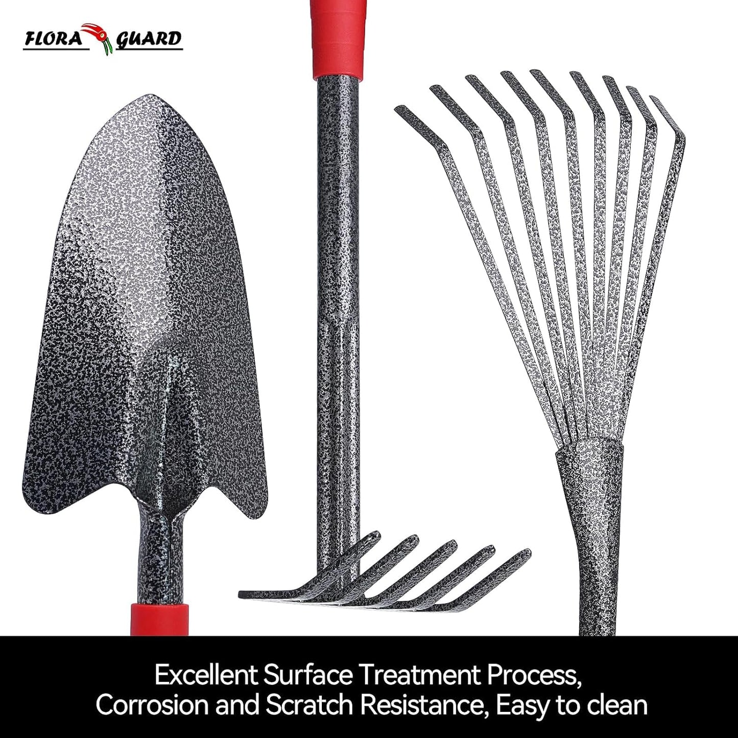 FLORA GUARD 6-Piece Garden Tool Set, Heavy Duty Gardening Hand Tools,Includes Trowel, Rake, 2-in-1 Hoe & Crack Weeder, Durable Yard Gardening Tools, Ideal Gardening Gift for Men & Women