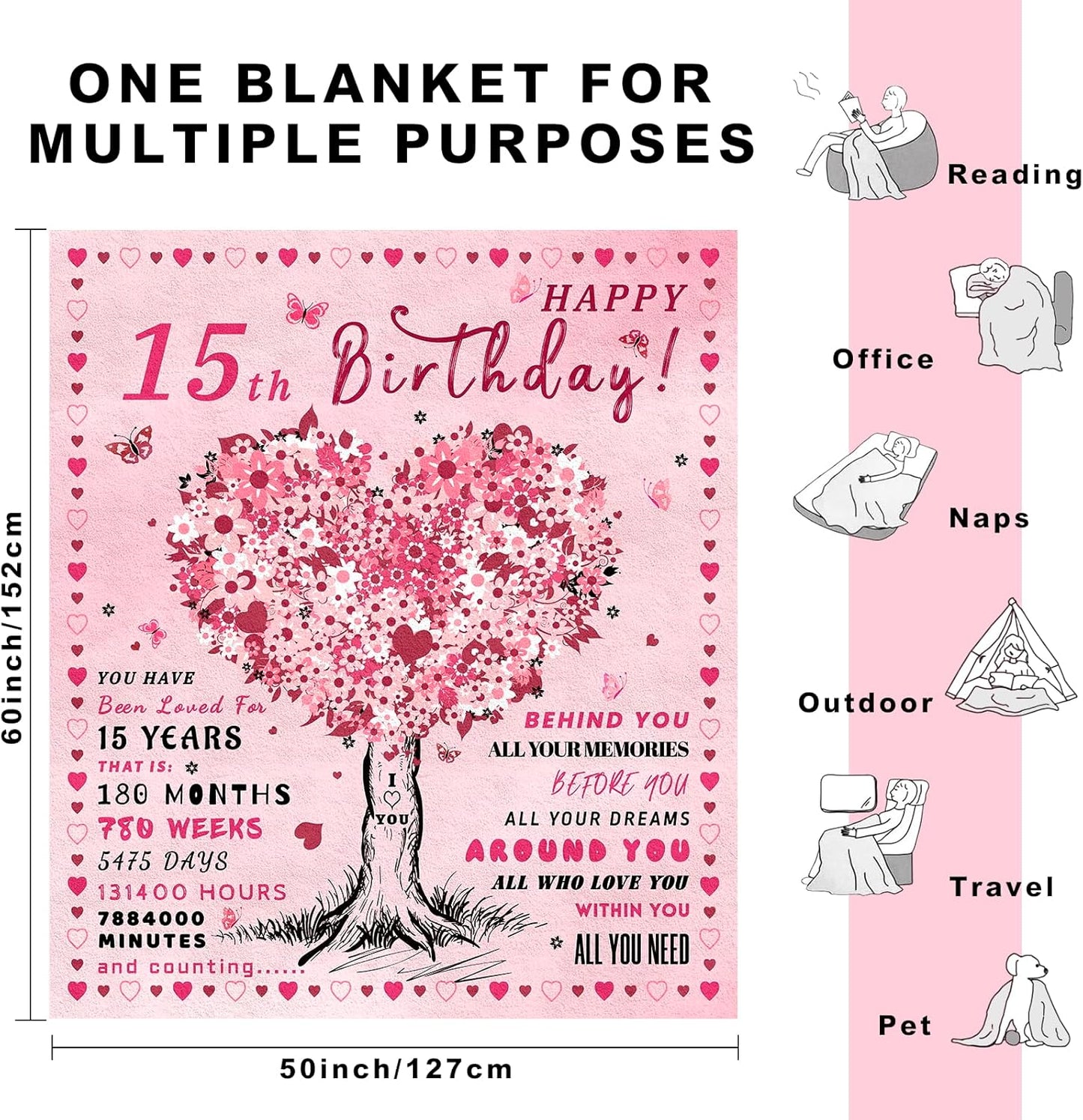 Quinceanera Gifts Throw Blanket 60"x50", Birthday Gifts for 15 Year Old Girl, 15th Birthday Gift for Teen Girls, Sweet 15 Presents for Girls, 15 Year Old Girl Gift Ideas, 15 Bday Present