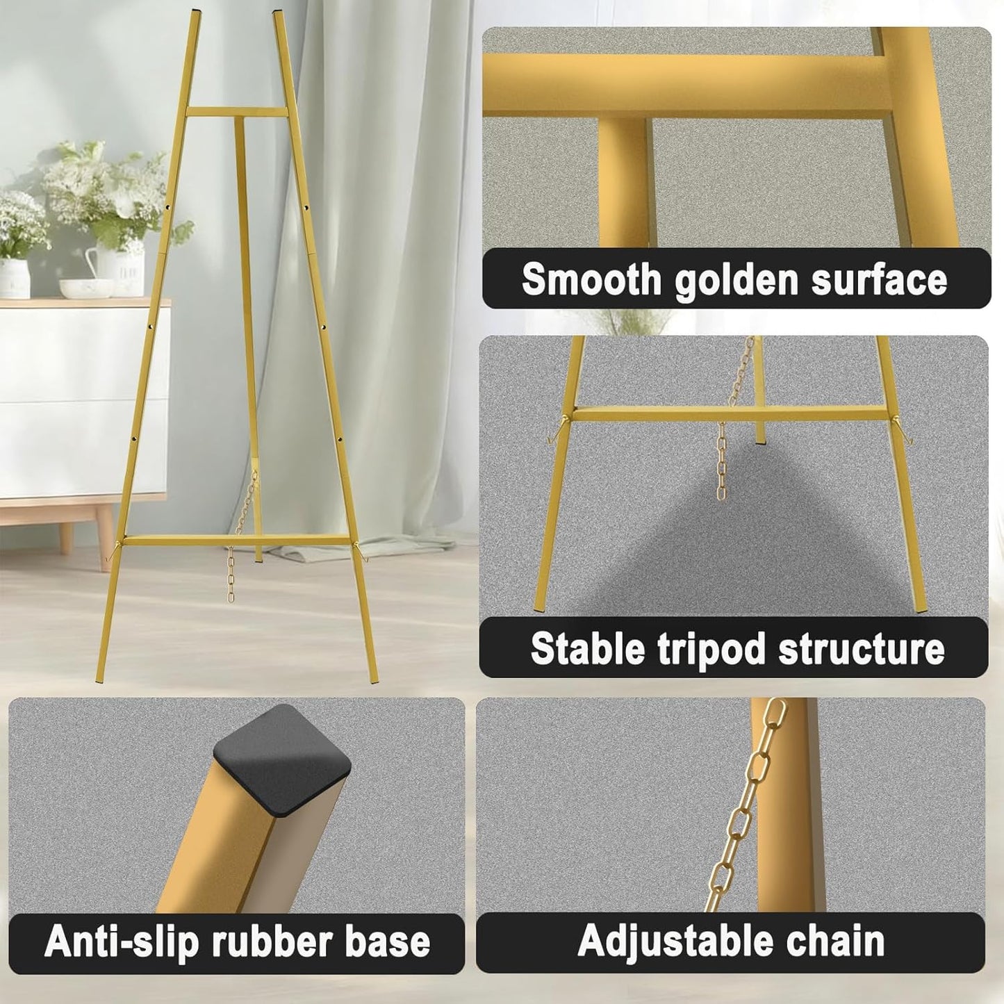 43.5" Gold Easel Stand for Sign,4-Level Height Display Easel with Adjustable chain,Easy-to-Install Metal Easel for Painting,Wedding Sign,Poster,Commercial Display
