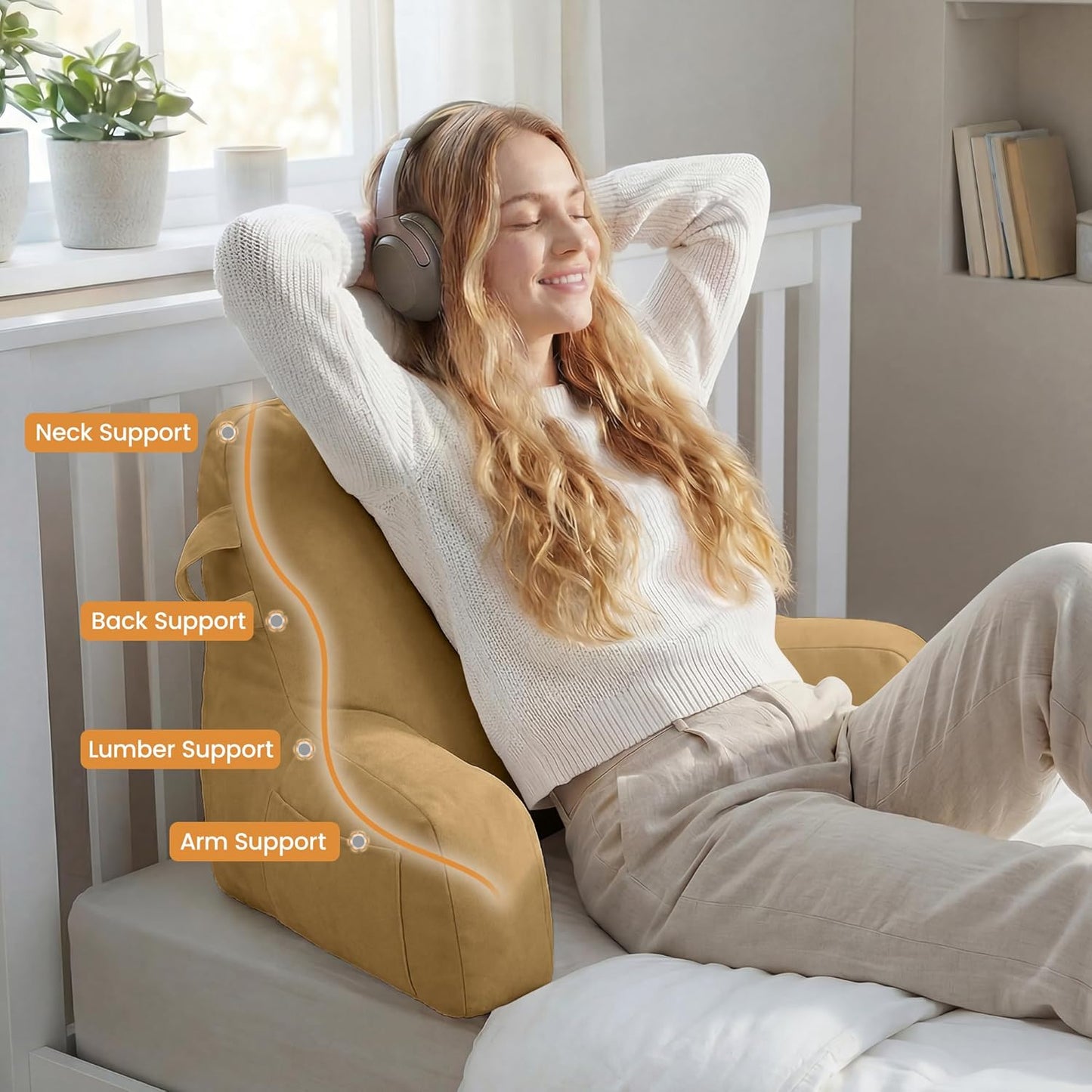Portable Comfy Reading Pillows for Bed Sitting Up(Camel Oeko-Tex), Velvet Back Pillow with Arms & Pockets for Adults, Support Memory Foam Bed Pillow for Dorm/Reading/Watching/Gaming