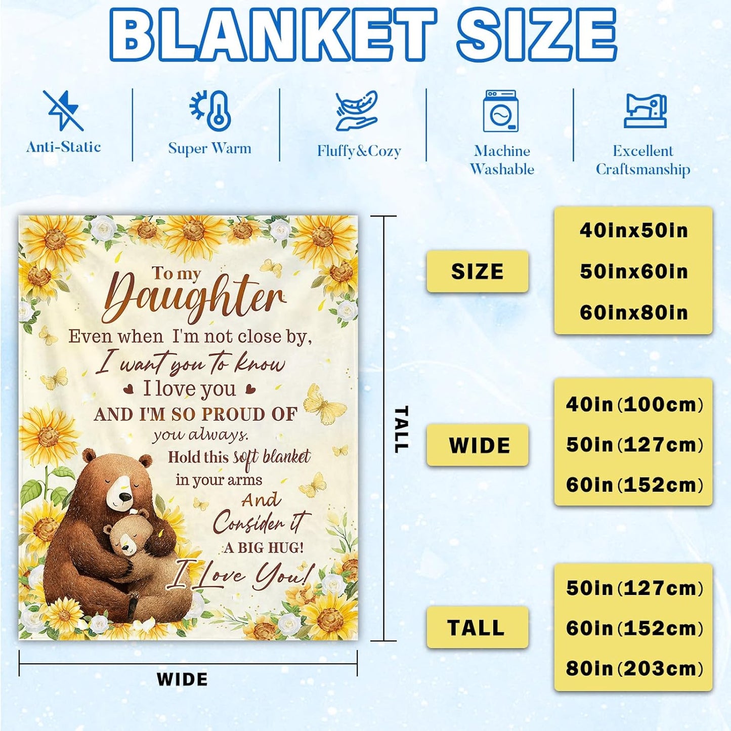 Daughter Gifts from Mom Dad, to My Daughter Blanket from Parents, Birthday Graduation Wedding Gifts for Daughters Sunflower Bear Soft Flannel Throw Blanket 50"x60"