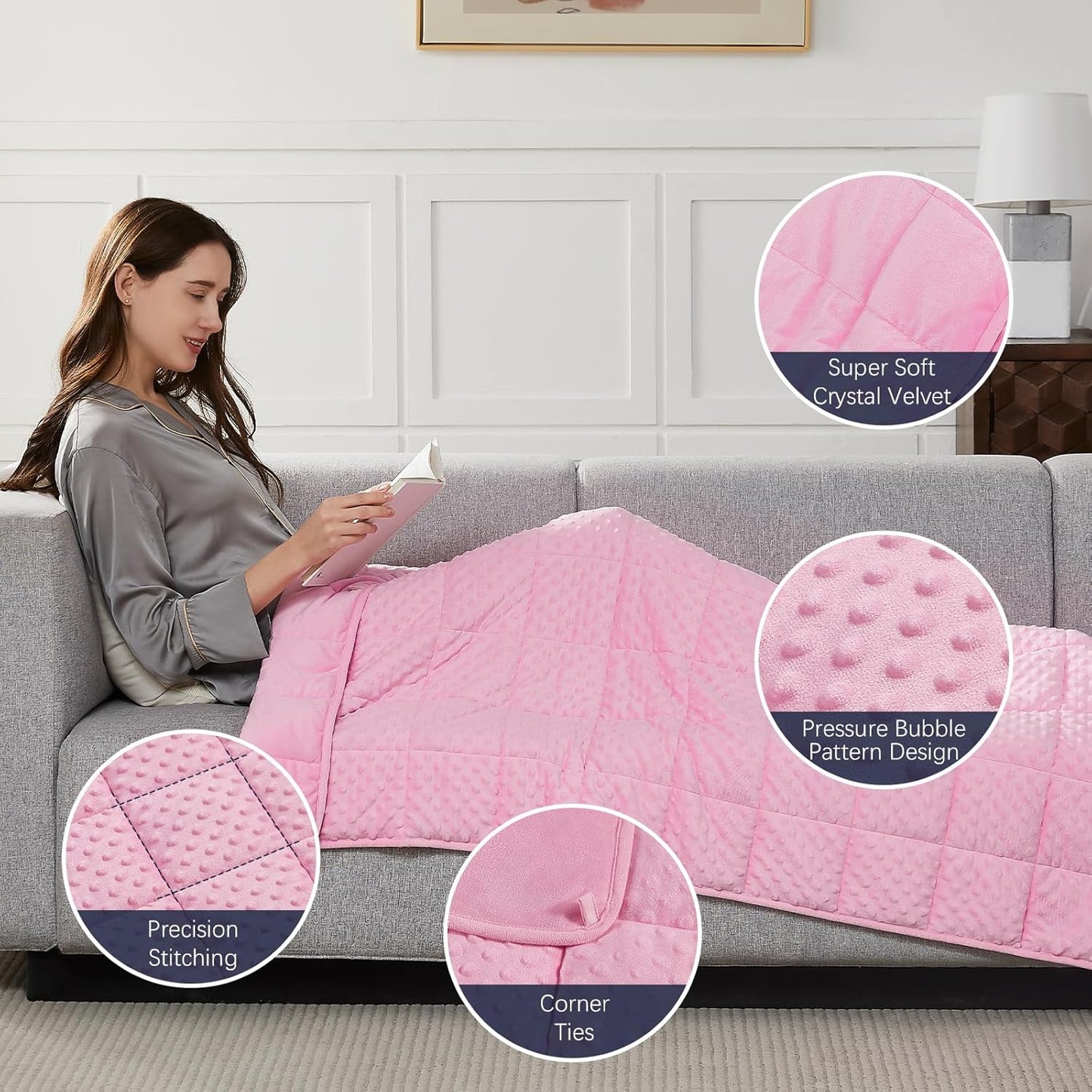 CuteKing Weighted Blanket - Weighted Blanket with Premium Glass Beads - Heavy Blanket Crystal Velvet for Comfort Sleep - Thick Blanket All Season (15lbs, 48"x72", Pink Bubble)