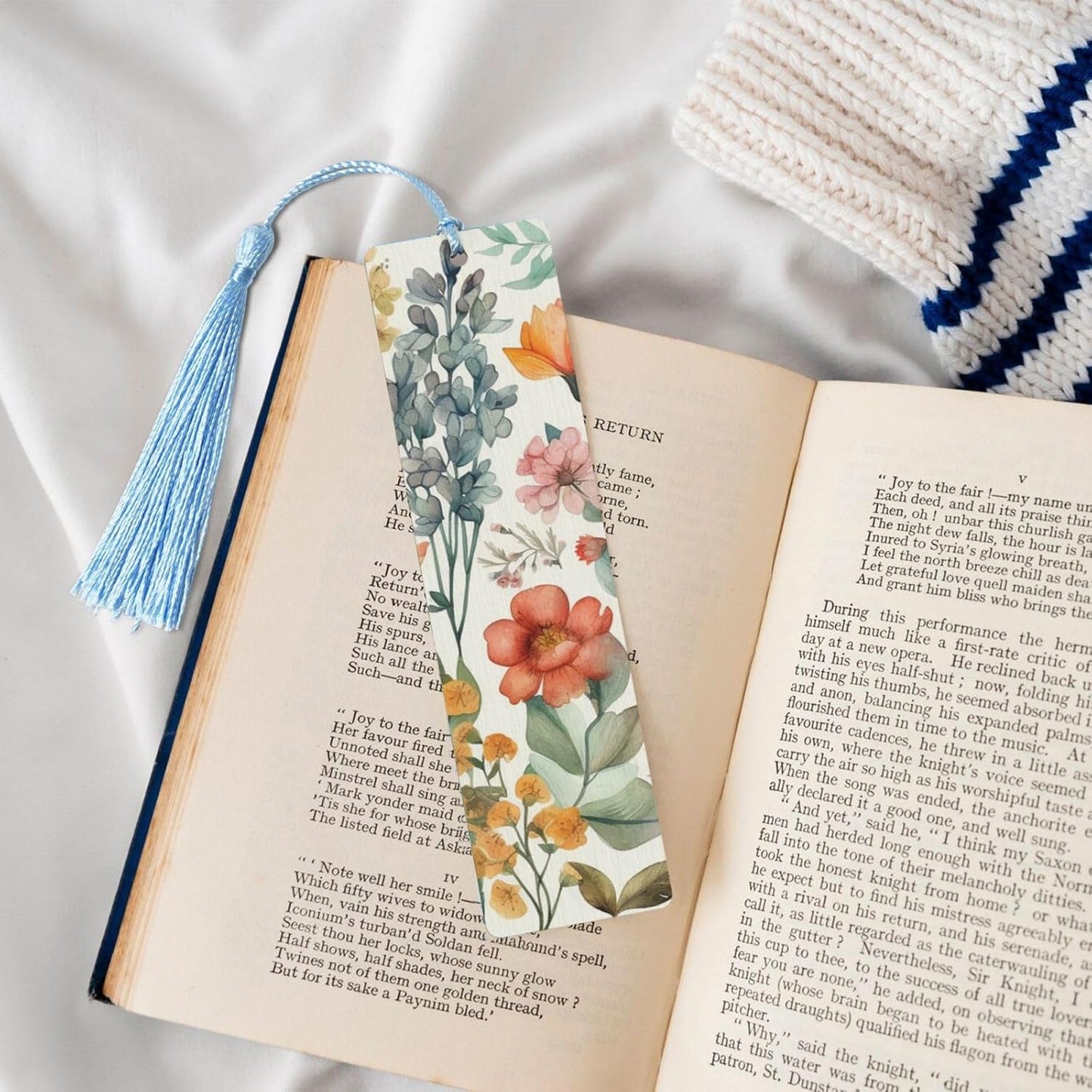 Flower Branches and Leaves Bookmarks Gifts for Women Men, Wooden Bookmarks for Book Lovers, Vintage Book Marks Ornaments with Tassel, Unique Personalized Reading Page Markers Sky Blue