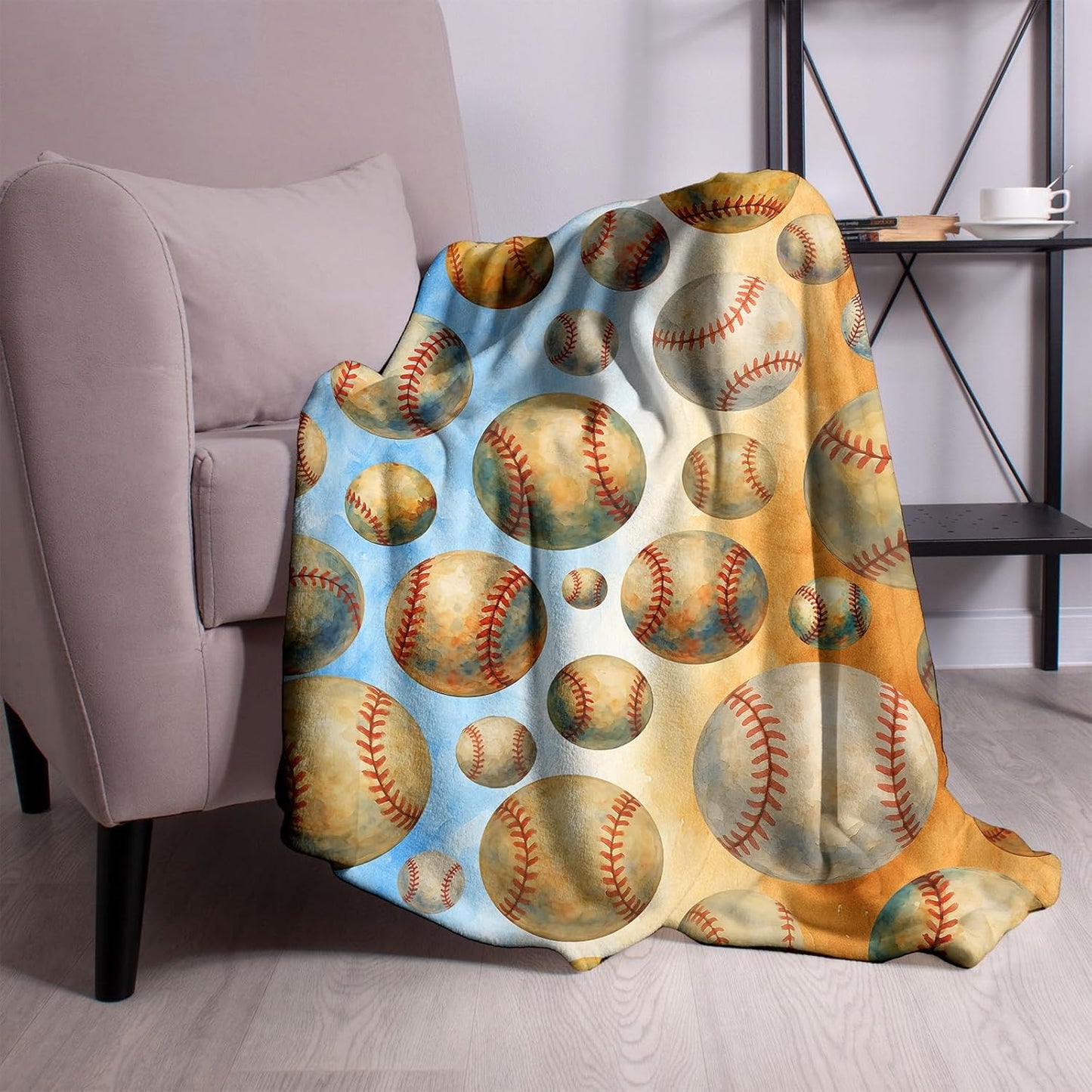 Baseball Throw Blanket 50x60 - Soft Flannel Fleece, Boys Sports Room Decor, Cozy Kids Couch & Bed Gift, Watercolor Red Stitching