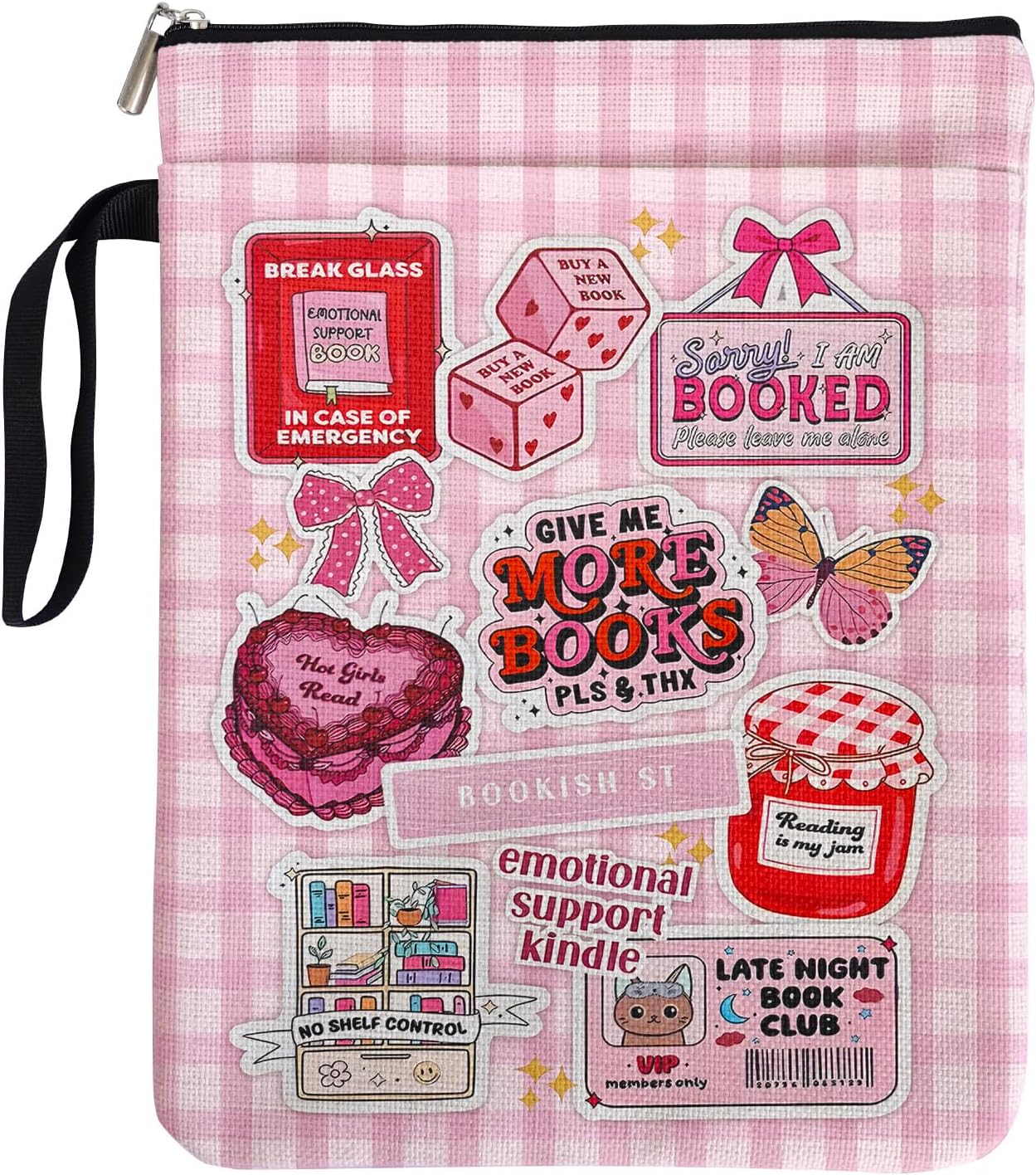 Pink Checkered Collage Style Book Covers for Book Lovers with Handle Pocket, Book Club Gifts for Chritsmas, Reading Accessories for Women Friends Reader Bookish