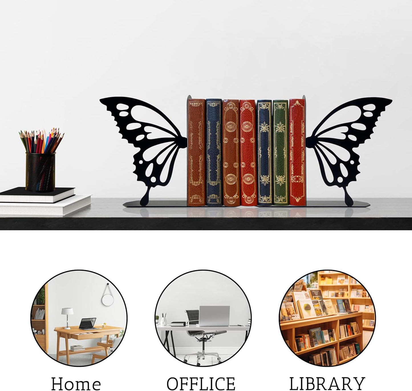 Butterfly Metal Bookends Cute Butterfly Book Ends for Shelves Bookshelf Decorative Objects Home Office Desk Bookshelf Decor Gifts for Family (Black)