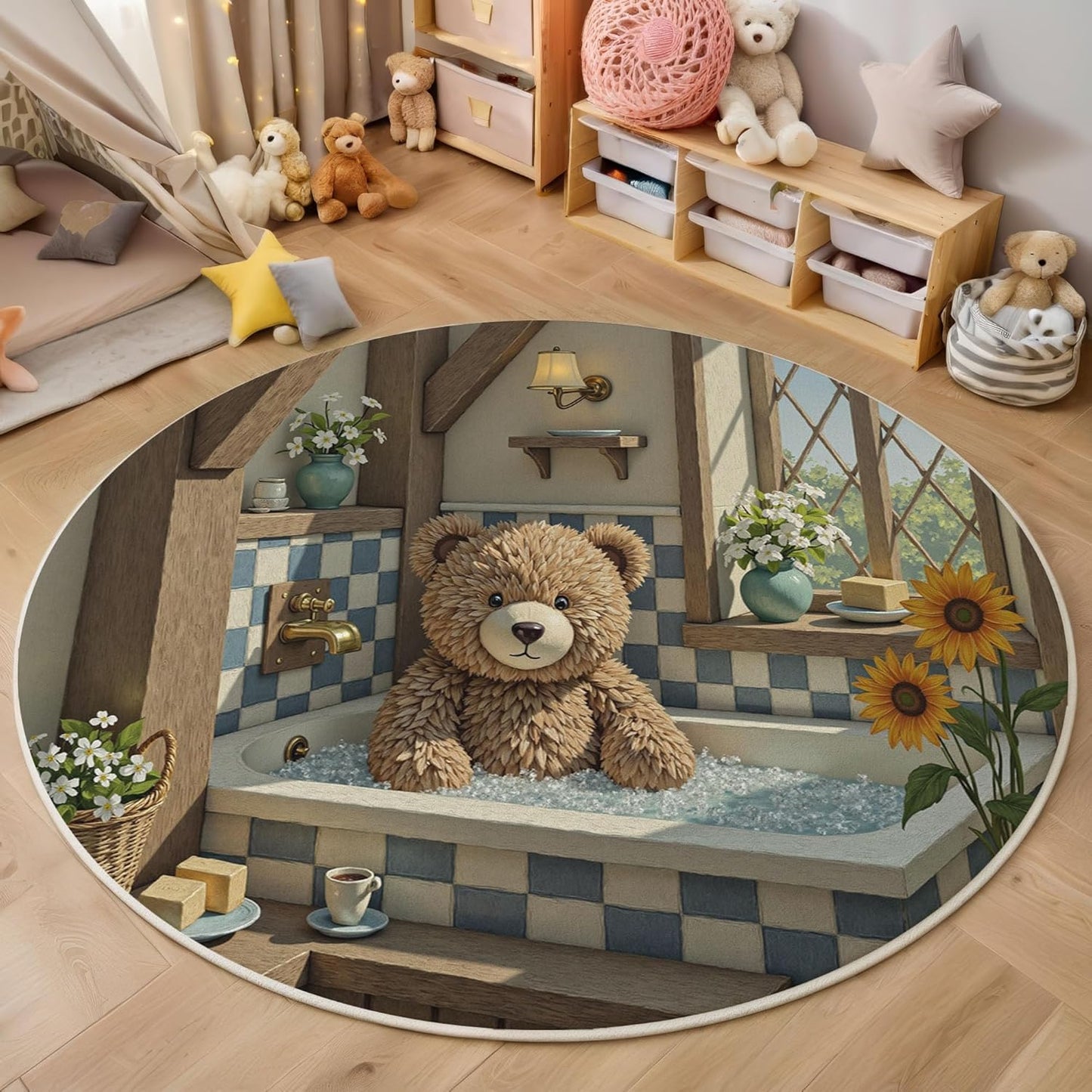 Cute Teddy Bear Bathtub Round Rugs 3Ft, Retro Country Style Round Living Room Area Rug, Washable Large Soft Circle Rug for Bedroom, Non Slip Ultra Thin Floor Carpet for Dining Room, Beige Brown