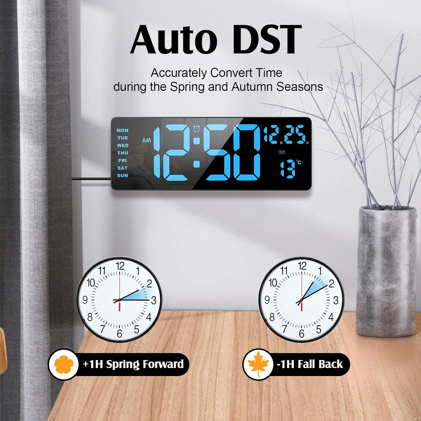 16.5" Digital Clock Large Display with Remote Control, 6-Color Night Light Digital Wall Clock with Dual Alarms, Temperature, Auto DST Large Digital Clock for Living Room, Bedroom, Desk, Mounted, Gift