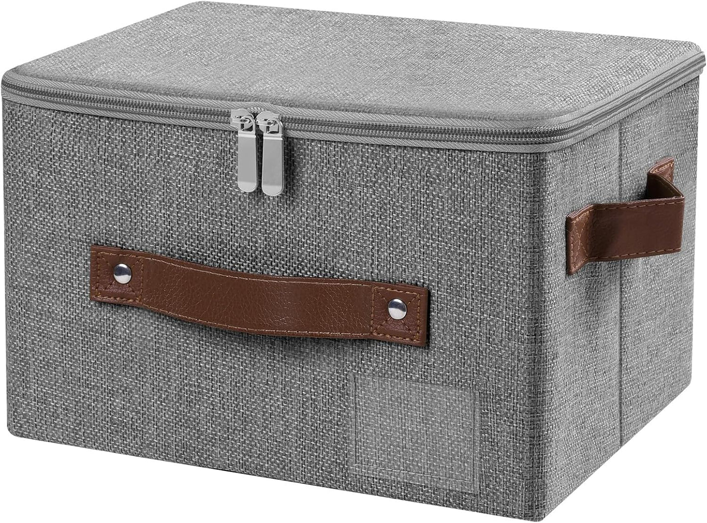 Lucky Monet 1PCS Storage Bins with Zipper Lids 10"x8"x7" Foldable Lidded Fabric Storage Boxes Baskets Cotton Linen Closet Shelf Clothes Organizer Container with Handles & Label Pocket (Grey, Small)