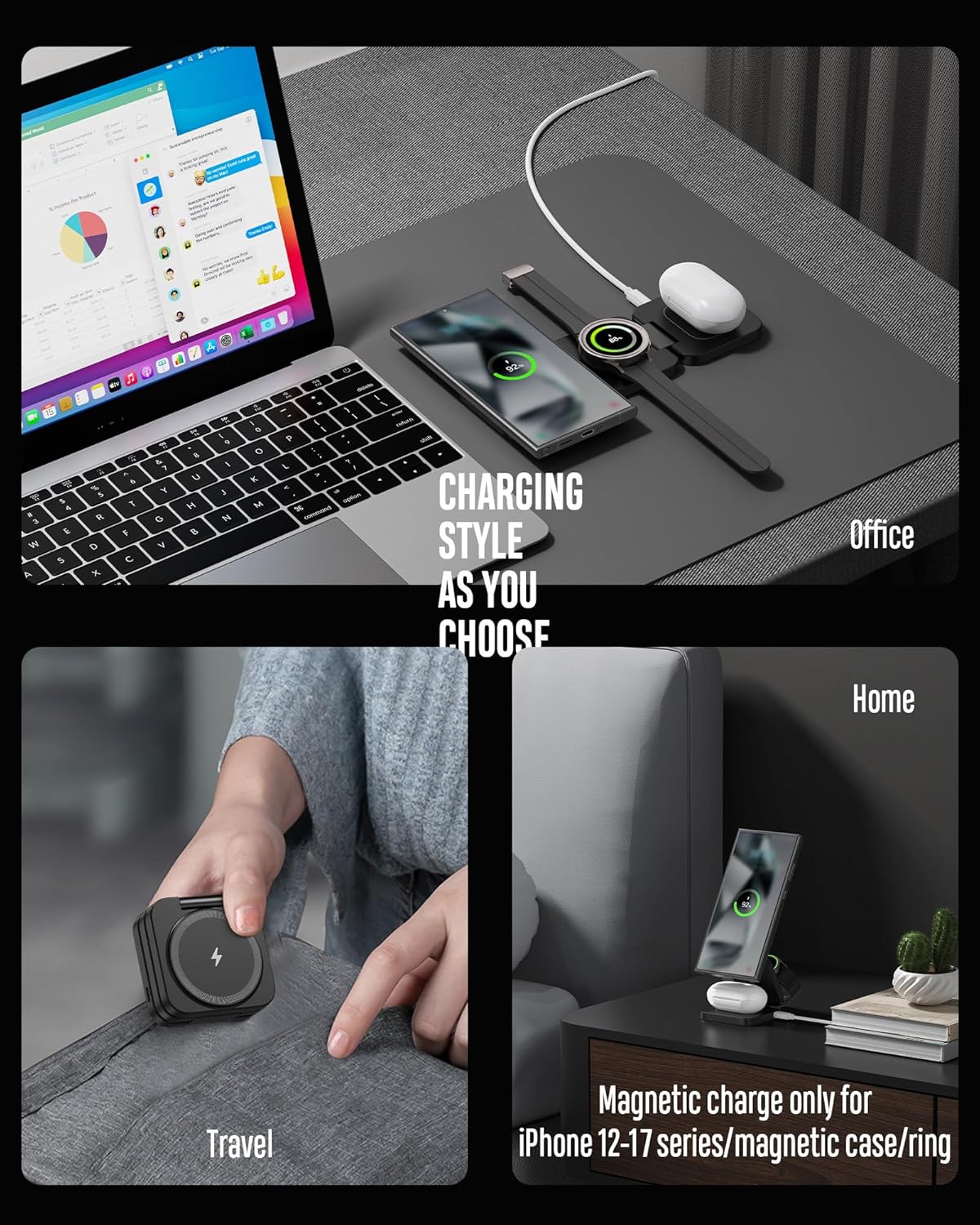 Foldable 3 in 1 Wireless Charging Station for Samsung, KU XIU X55 Ultra Magnetic Travel Charger Stand for Galaxy S24 Ultra S23 S22 Note 20 Z Fold Flip 6 5, Galaxy Watch Ultra 7 6 5, Galaxy Buds, Black