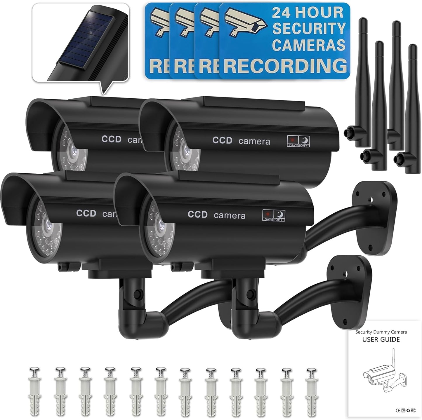 WALI Dummy Fake Camera, Solar Powered Fake Security Camera with LED Light, Simulated Surveillance Security CCTV Dome Cameras with Antenna and Warning Sticker Indoor Outdoor (SOL-TCB4), 4 Packs, Black