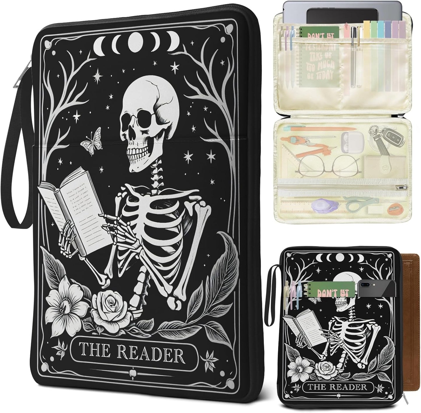 Skull Book Sleeve for Book Lovers, Paperback Book Protector Case, PU Leather Waterproof Book Pouch with Zipper, Gothic Skeleton Print Book Carrying Case for Hardcover, Book Cover for Men Boys