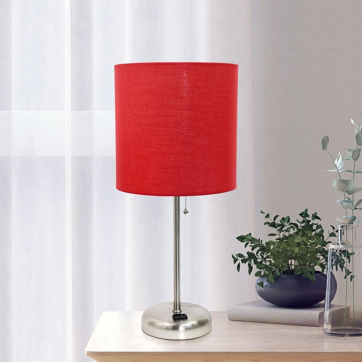 Oslo 19.5" Contemporary Bedside Power Outlet Base Standard Metal Table Desk Lamp in Brushed Steel with Red Drum Fabric Shade
