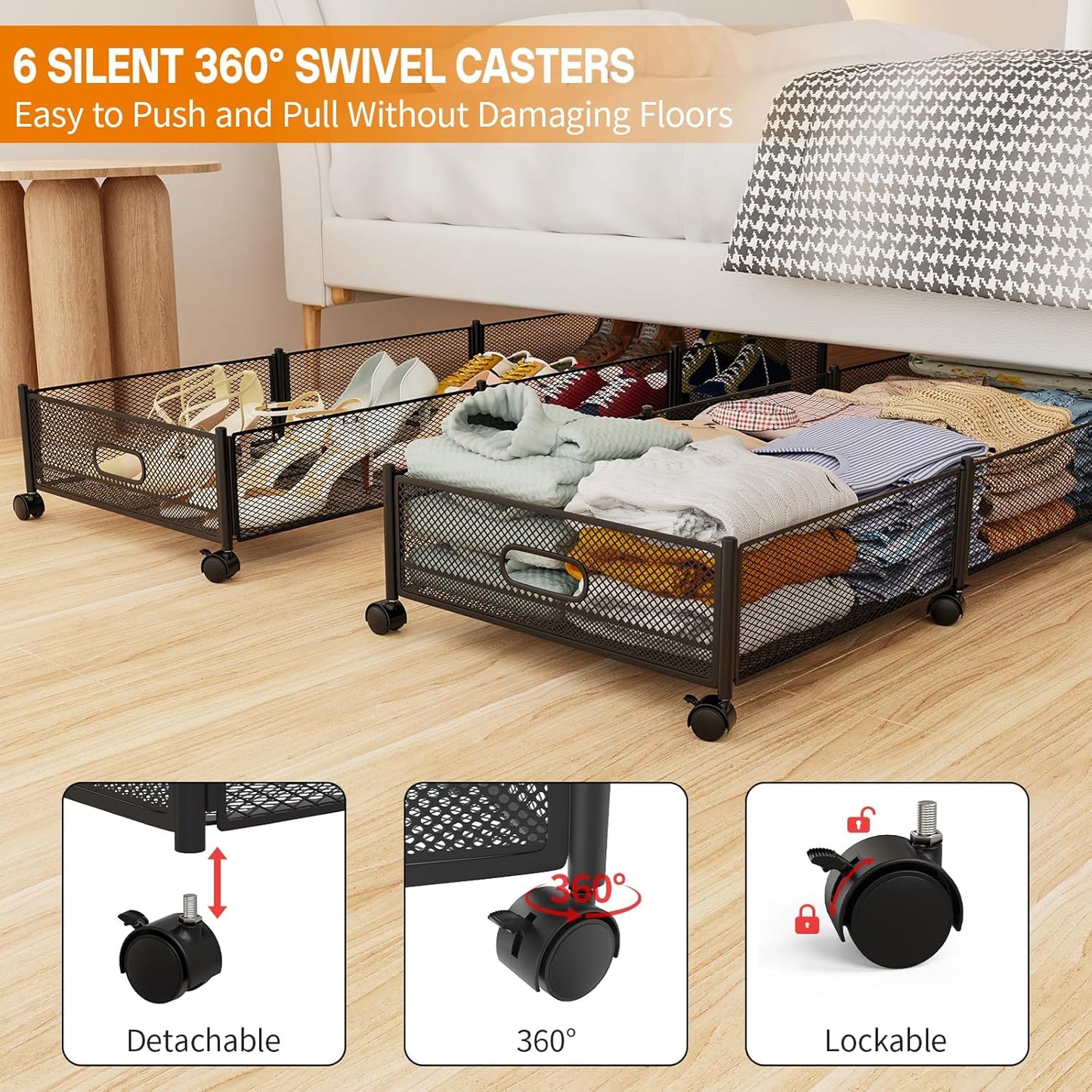 Under Bed Storage With Wheels, 47.2''/90lbs/57.6L, Metal Frame Under Bed Rolling Storage, Tool-Free Assembly Underbed Drawers, Underbed Organizer Containers for Shoes, Clothes and Toys (2 Pack)