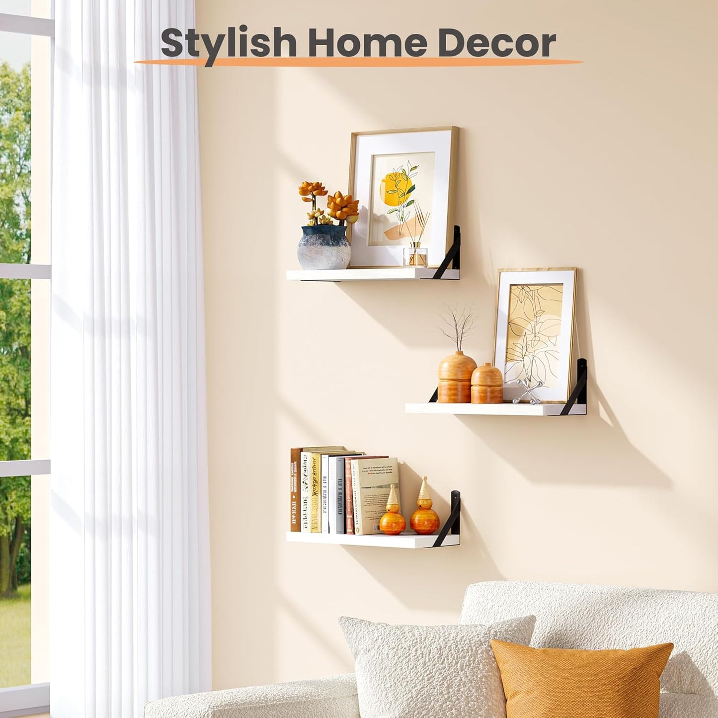 upsimples 15.7 Inches Floating Book Shelves for Wall, Wood Shelves for Living Room, Bathroom, Bedroom, Kitchen Storage and Decoration, White