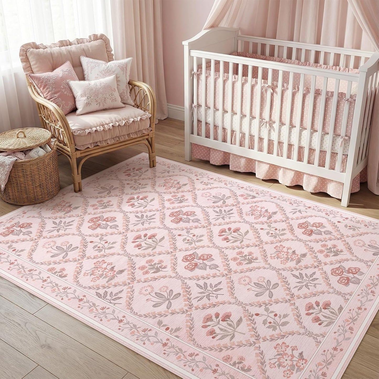 Pink Rug for Office Under Desk Rolling Chairs 4x6 Small Classroom Rug Reading Corner,Washable Boho Floral Hardwood Floor Mat for Baby Nursery Bedroom Living Room Kitchen Dinning Room