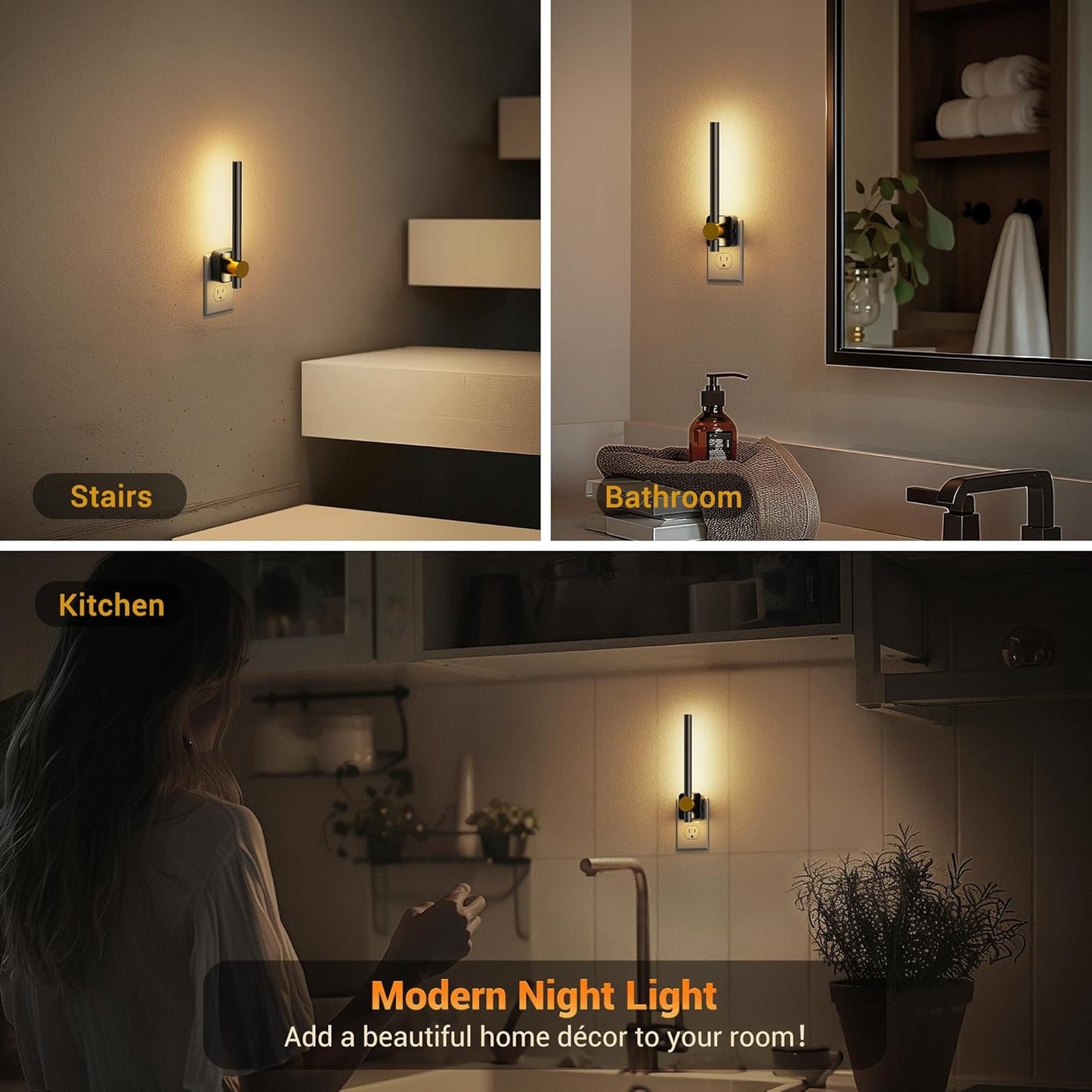 JandCase Night Lights Plug into Wall,0-200LM Dimmable LED Nightlights, 2 Pack Soft White 3000K Vanity Night Light With Auto Light Sensor for Bathroom Dressing Room