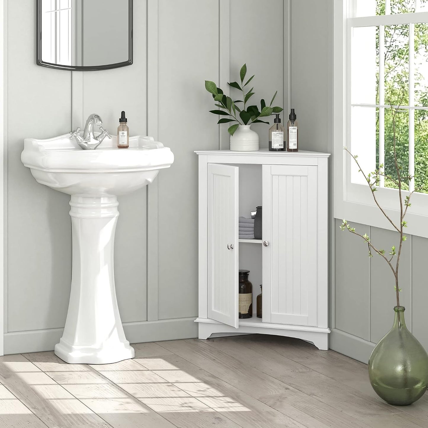 Spirich Floor Corner Cabinet with Two Doors and Shelves, Free-Standing Corner Storage Cabinets for Bathroom, Kitchen, Living Room, White