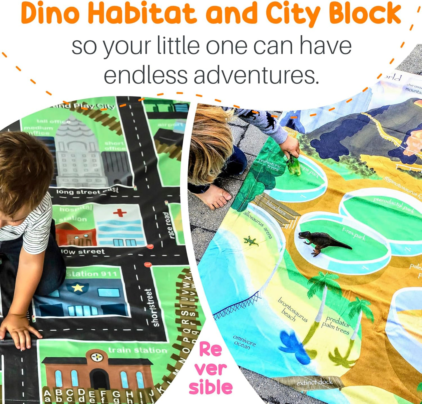 Birdy Boutique – Learning Blanket® – Double-Sided Dinosaur & Vehicle City Theme – 50" x 60" Soft Minky Educational Blanket for Kids – Playmat Throw for Preschool, Toddler, Daycare, Bedroom or Travel