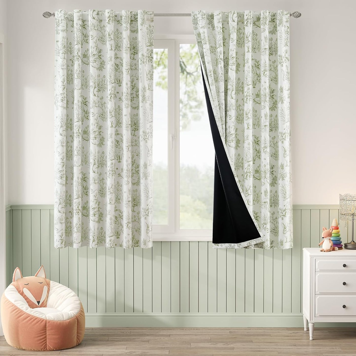 JINCHAN 95% Blackout Nursery Curtains 63 Inches Long, Bunny Woodland Toile Easter Decor Curtains Sage Green on Beige Animal Printed Drapes Bedroom Spring Decoration Farmhouse Window Treatment 2 Panels