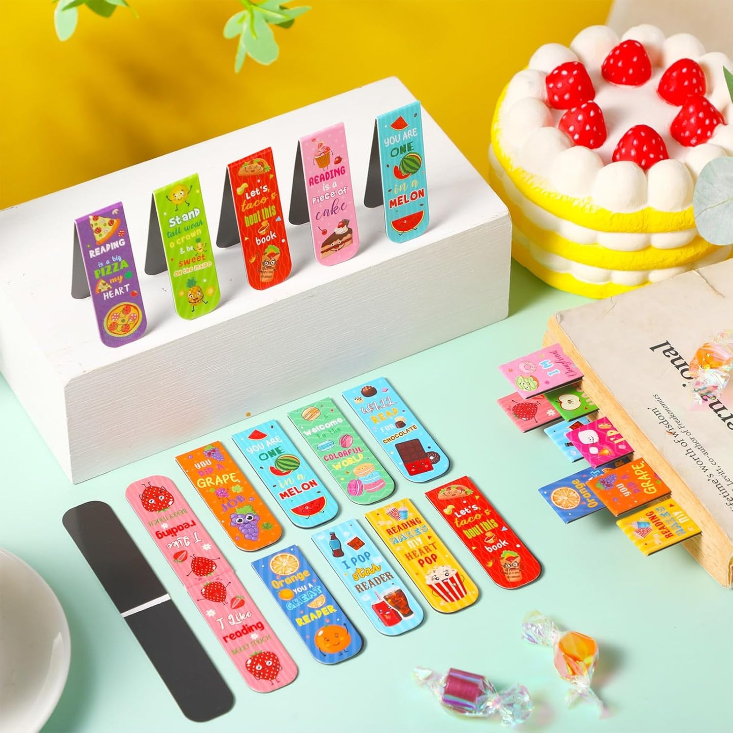 Pasimy 48 Pieces Cute Magnetic Bookmarks Fruit Food Theme Book Marks Bulk Encouraging Sayings Magnetic Bookmarks for Students Teachers School Home Office Reading Supplies