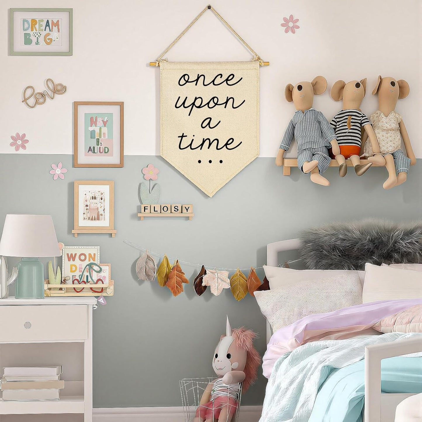 Once Upon a Time-Nursery Bedroom Playroom Decor Bookshel Bookcase Reading Corner-Birthday Christmas Gift-Hanging Pennant Flag Banner Wall Sign Decor Gift for Baby Kids Girl Boy Teen