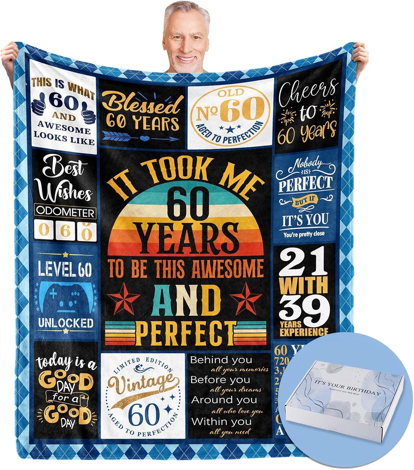 60th Birthday Gifts for Men, 60 Year Old Gifts for Men, 1964 Birthday Blanket with Gift Box, Gift for 60 Year Old Man