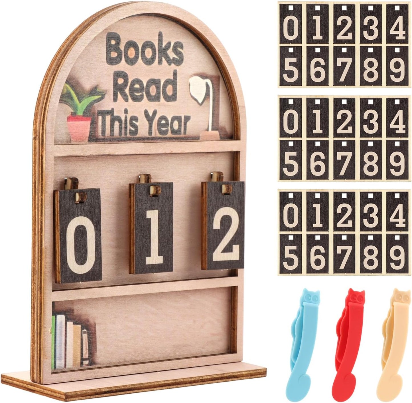 Books Read This Year Counter, Books Read This Year Sign with Stand and Bookmark, Book tracker for Reading Goal Bookshelf Decor, Gift for Teachers, Librarians, Readers(COLOR:wood)