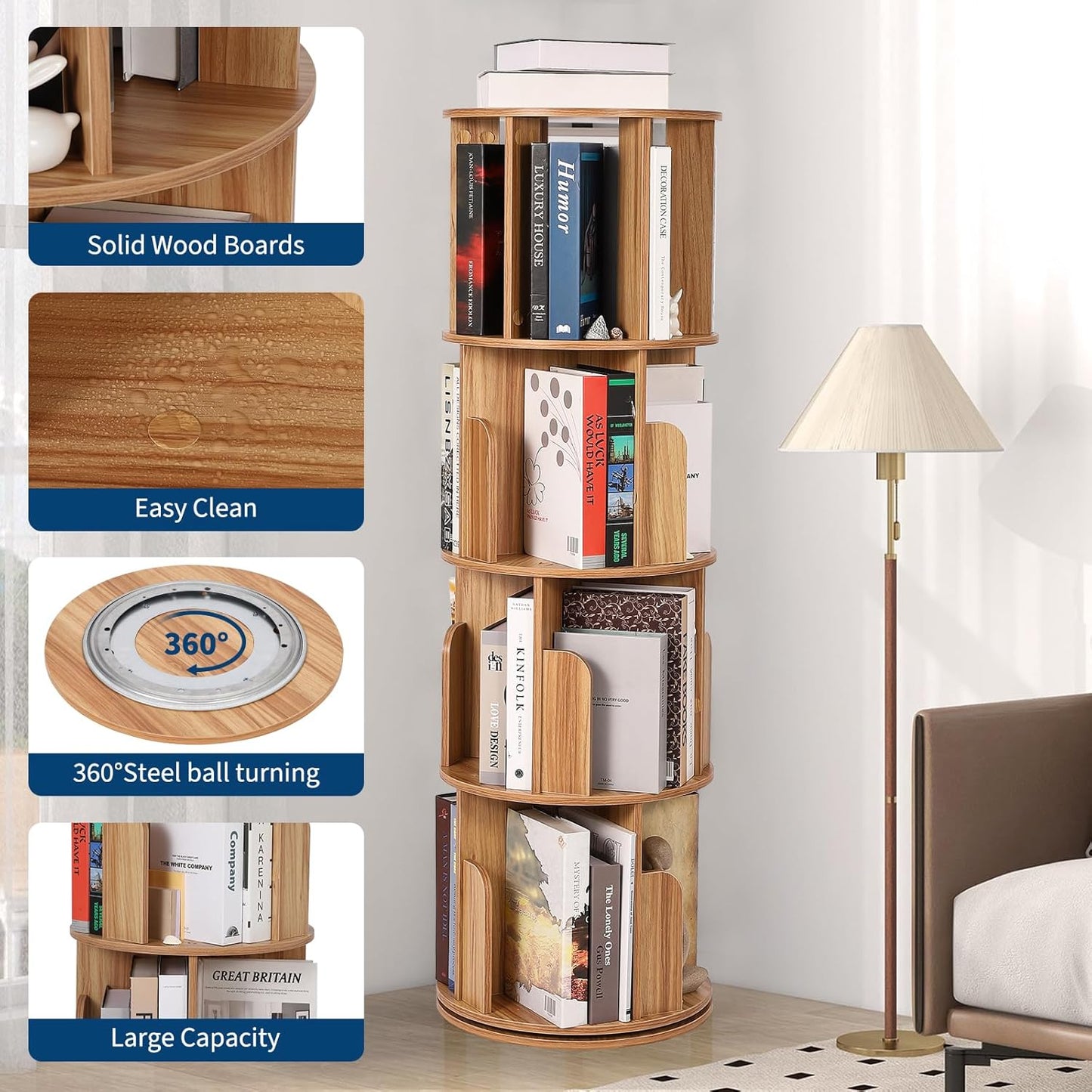 4 Tier Rotating Bookshelf, Compact Corner Bookcase for Small Spaces 360° Display Wood Spinning Storage Organizer for Bedroom, Living Room, and Kids' Rooms Wood