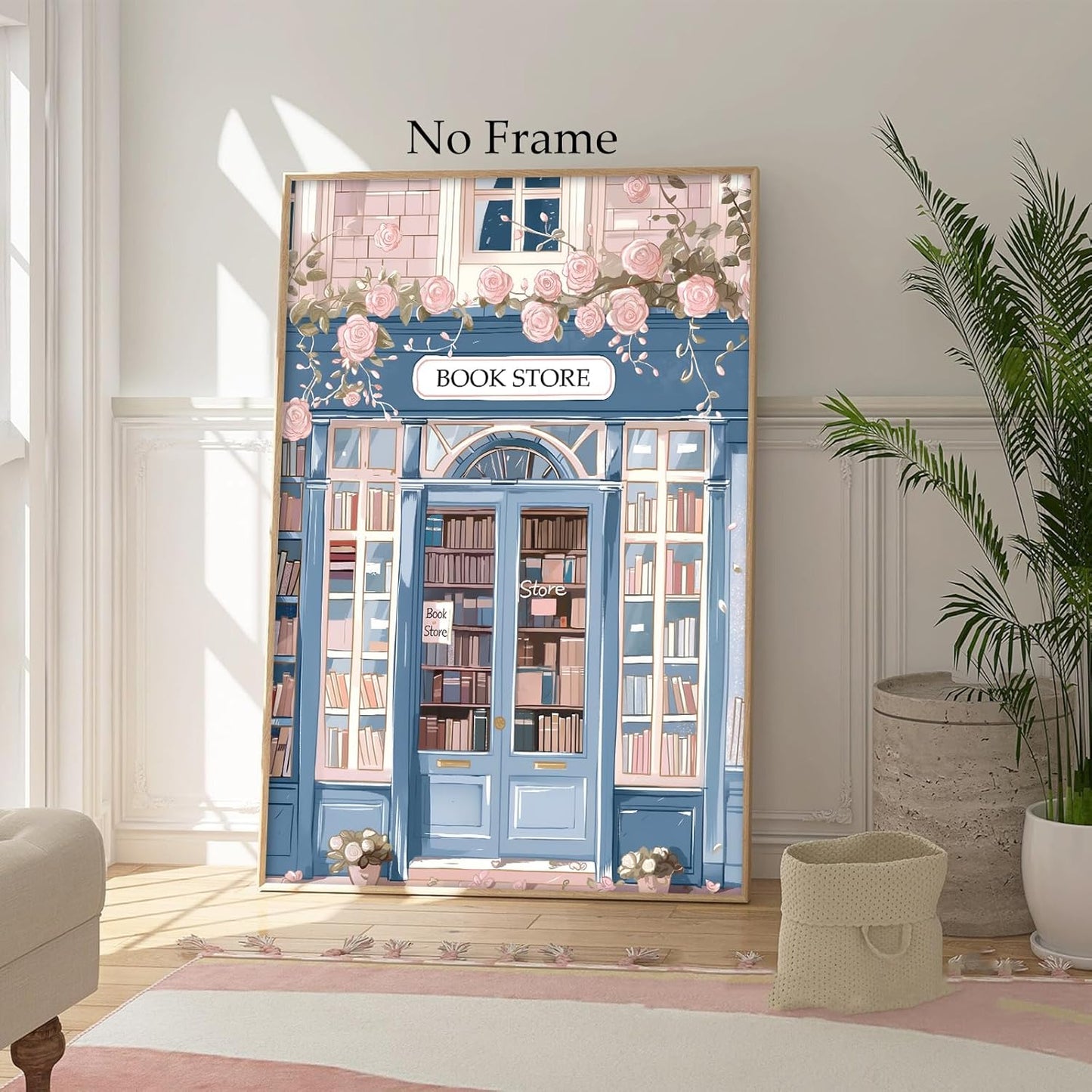 Book Store Poster Library Canvas Wall Art Pink Rose Painting Book Lover Pictures Pink and Blue Artwork Aesthetic Reading Wall Art Bookish Canvas for Room Romantic Library Artwork 16x24inch No Frame